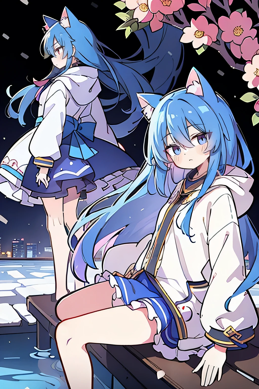 （masterpiece：1.2），Super detailed，lifelike，Expressive eyes，fair skin，perfect face shape，1 girl，
Japanese comics,Gorgeous blue hair,flowing blue hair,flowing clothes,Cat ears,Petals fall,beautiful lola,Baby Angel,
Shaking head with one hand，Cross your legs，Gentle and peaceful background，The pavilion is cool and comfortable,smile, wearing hoodie, background of tokyo,back views.snowing, winter.