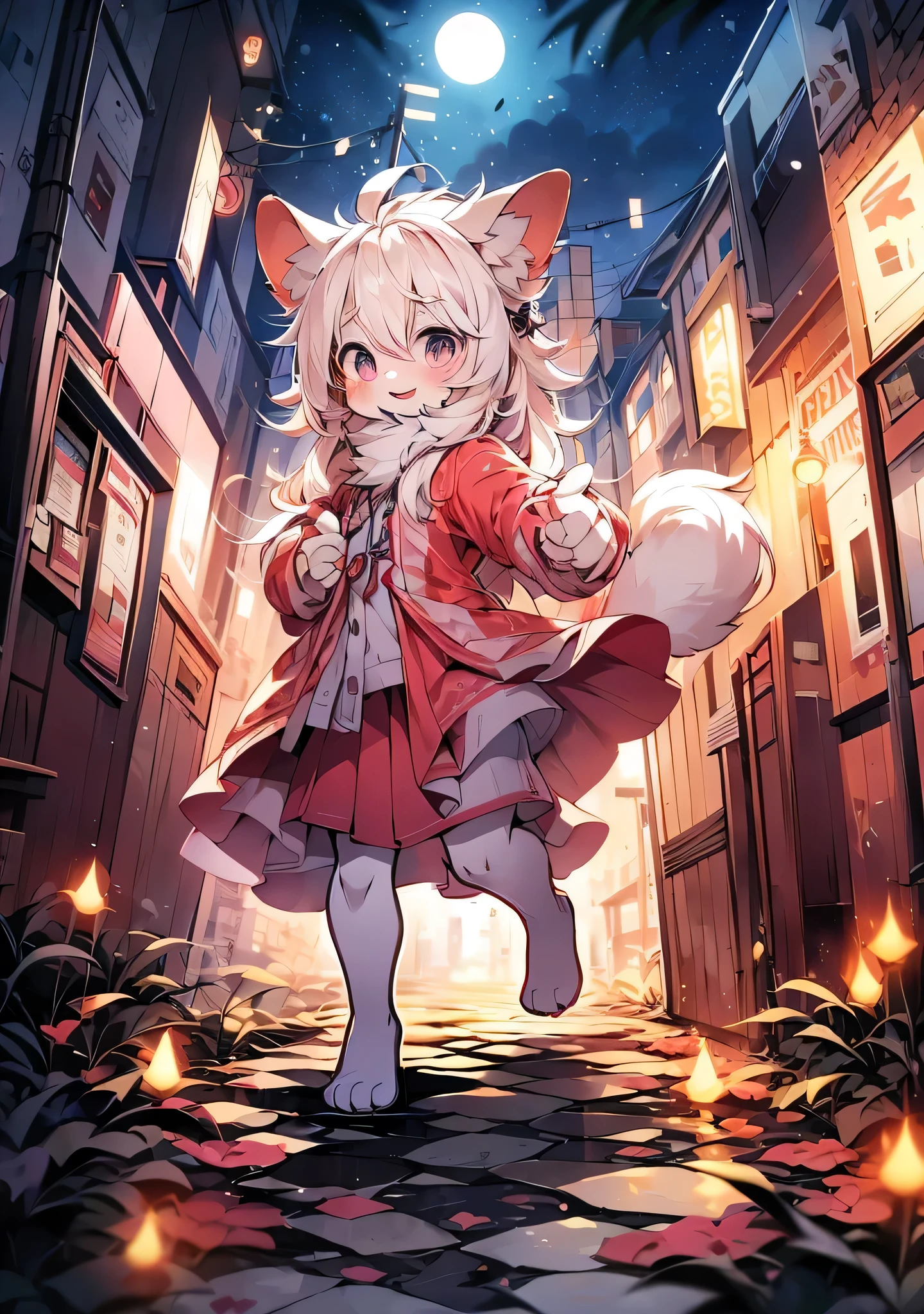 hairy ,hairy tail,Emphasize white fur,Delicate fur,e litnk skirt,White boots,young, And lovely emphasis,Walking posture,Character details,with a smile on his face(1.2),Outstretched paws,Pink meat pads,Enhanced long-haired animals(1.2),night,Payment(1.1)。solo,The only person