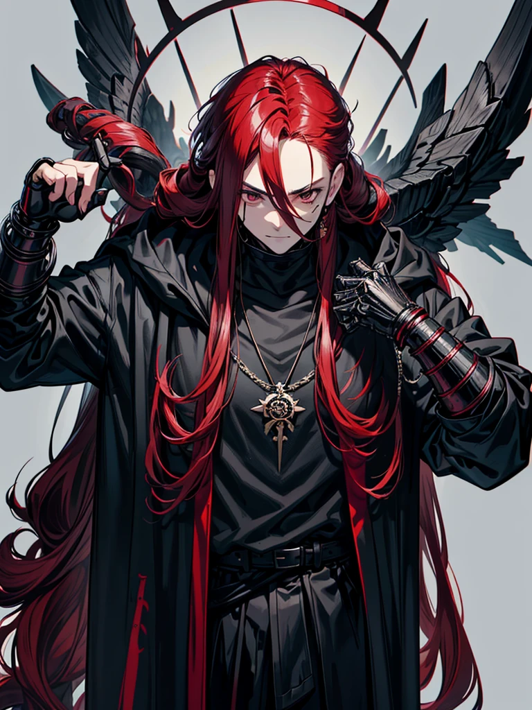 Messenger of hell,a man with red horns,and black wings,and long hair,walking towards the viewer,extremely detailed,cinematic,moonlight,wearing a necklace,glowing eyes