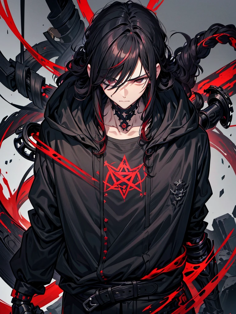 Handsome adult guy, black-red hair, hair tied in a small tail at the back, curly hair.
Dressed in black casual clothes with accessories with satanic symbols, pentagrams.
Black eyes, strong build, there are muscles
Have a black cloth mask on the face. Also have biomechanical prostheses instead of two hands.