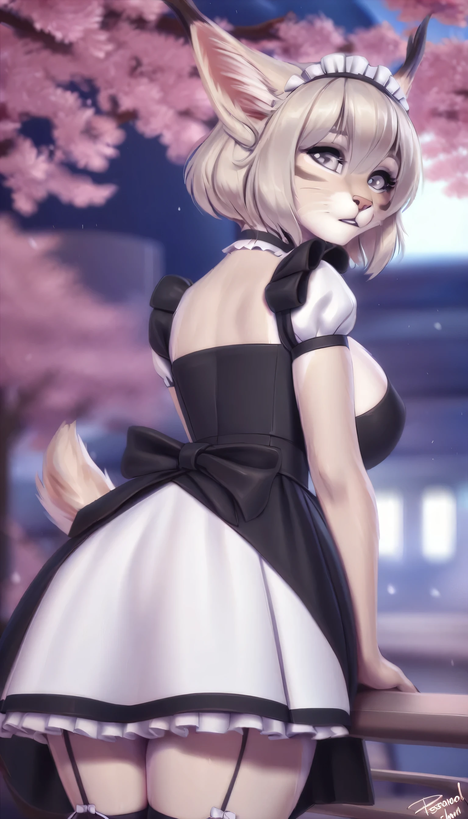 By personalami. (night:1.5), (solo:1.5), best quality, silver blond lynx female furry, short hair, anthropomorphic, fursona, (((furry))), (setting is sci fi), (background is the winter town with sakura trees), fully clothed, maid dress, huge breasts, (gray eyes:1.5), back view, from below