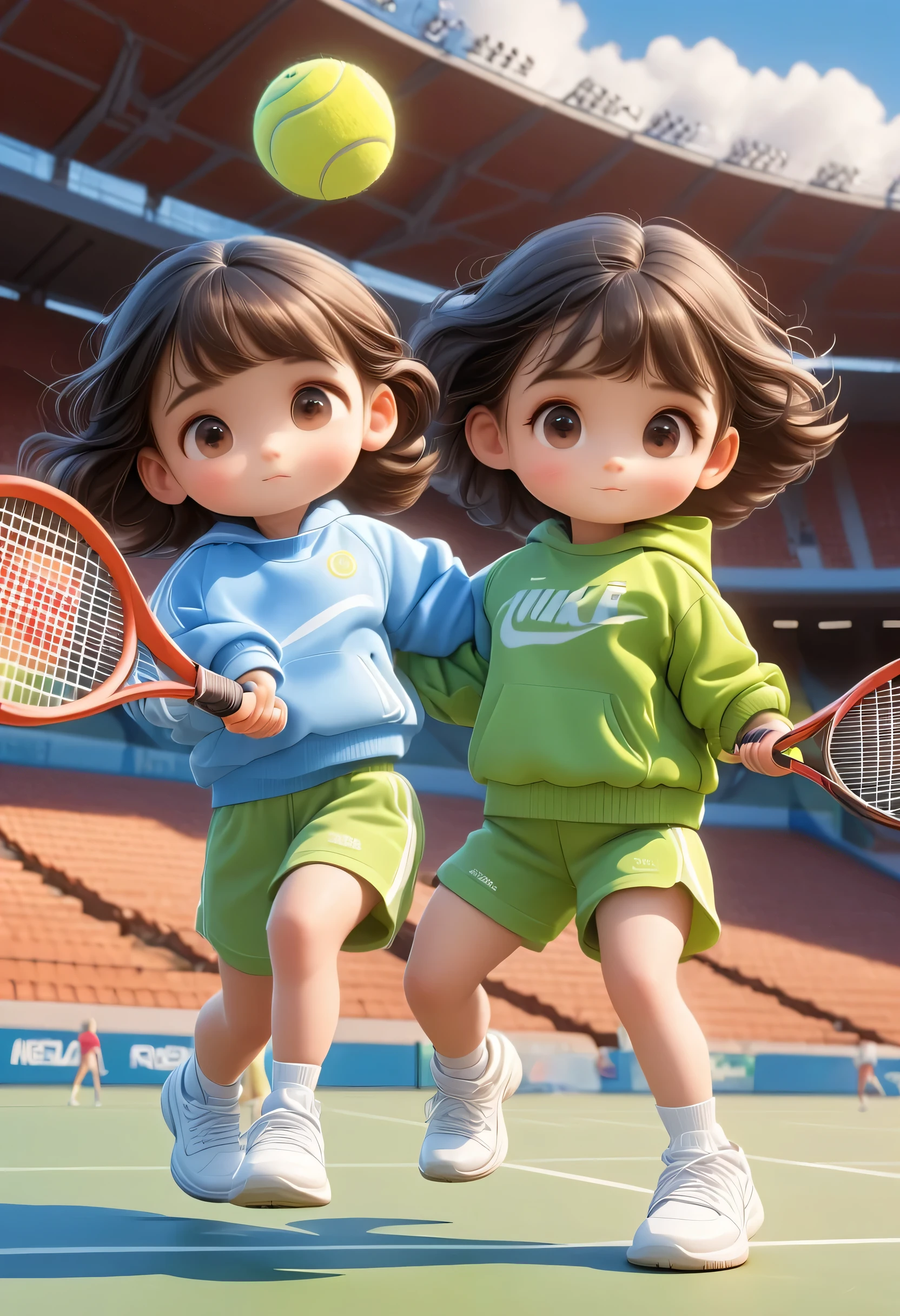3D, 1 boy, 1 girl, tennis, tennis court, shooting the ball into the basket, Tracksuit, Cartoon style, sport stadium