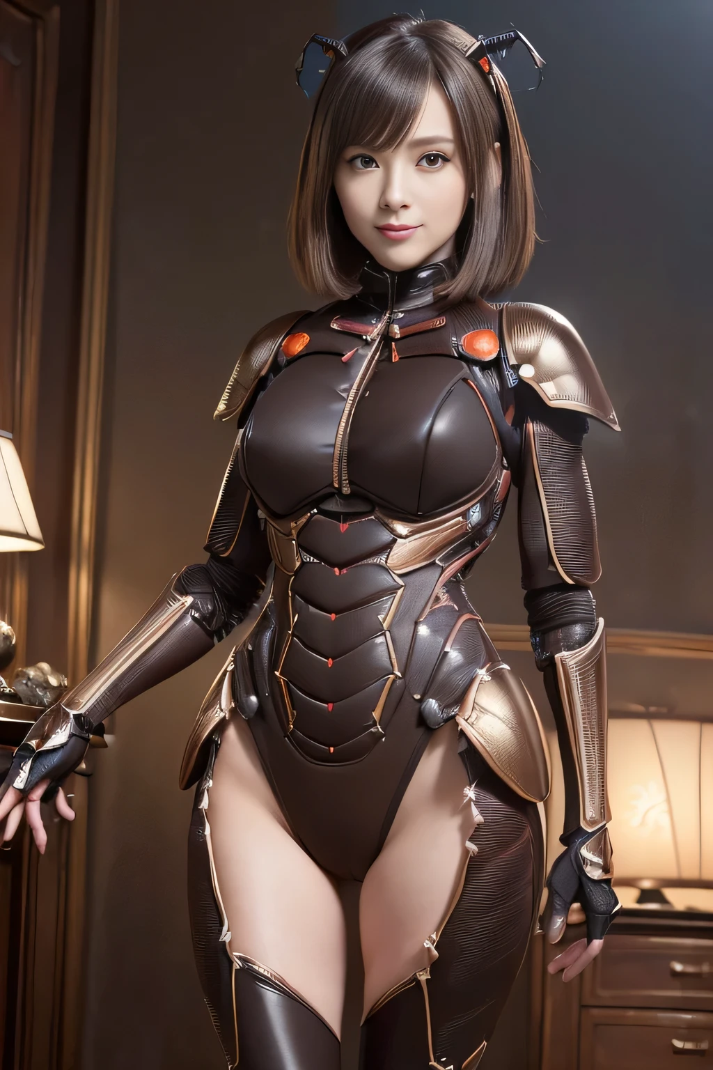 (high resolution,masterpiece,best quality,extremely detailed CG, anime, official art:1.4), realistic, photo, amazing fine details, all intricate, gloss and shiny,awesome many layers, 8k wall paper, 3d, sketch, kawaii, illustration,( solo:1.4), perfect female proportion,villainess, (fusion of dark brown cockroach and lady:1.4), (brown cockroach form lady:1.2), (brown cockroach lady:1.2), (fusion:1.2), (solo:1.4), (evil smile:1.2), muscular, abs, (cockroach brown exoskeleton bio insect suit:1.4), (cockroach brown exoskeleton bio insect armor:1.2), (brown transparency cockroach wing:1.4), (brown cockroach antennae:1.3),