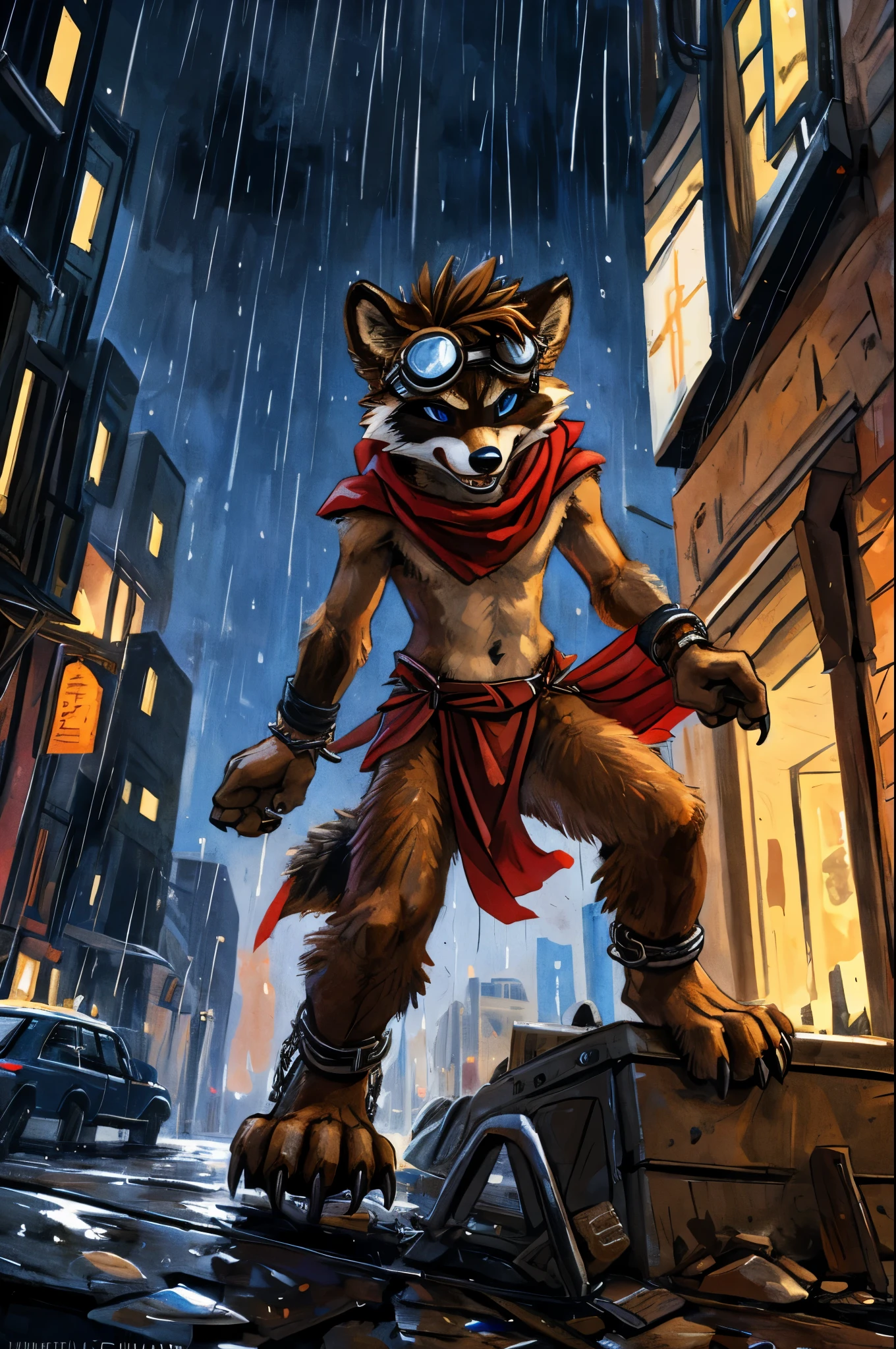 no lighting, deep shadow, dynamic angle, masterpiece, high quality, hi res, solo, young Furry, furry, young, raccoon, spiked brown hair only on head, red scarf, blue eyes, goggles, chain harness, red loincloth, red cape, masterpiece, detail body, fur all over body, detailed face, detailed eyes, detailed hands, Skinny, claws, high resolution, metal cuffs on wrists, metal cuffs on ankles, no shirt, no underwear, city, night, raining, scream, action pose, art by kenket