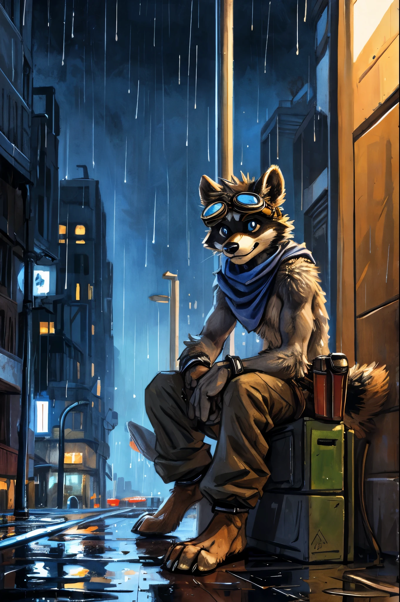 no lighting, deep shadow, dynamic angle, Solo, teen furry, furry, teen, raccoon, grey body, long brown spiked_ponytail, Detailed body fur, long blue scarf, leather_harness, blue_loincloth, goggles, masterpiece, gray body, Detailed face, big eyebrows, blue eyes, detailed eyes, No muscles, Detailed hands, Flat body, Skinny, Detailed paws, metal cuffs on wrists, metal cuffs on ankles, black baggy pants, no shirt, city, night, raining, no underwear, sitting, art by kenket