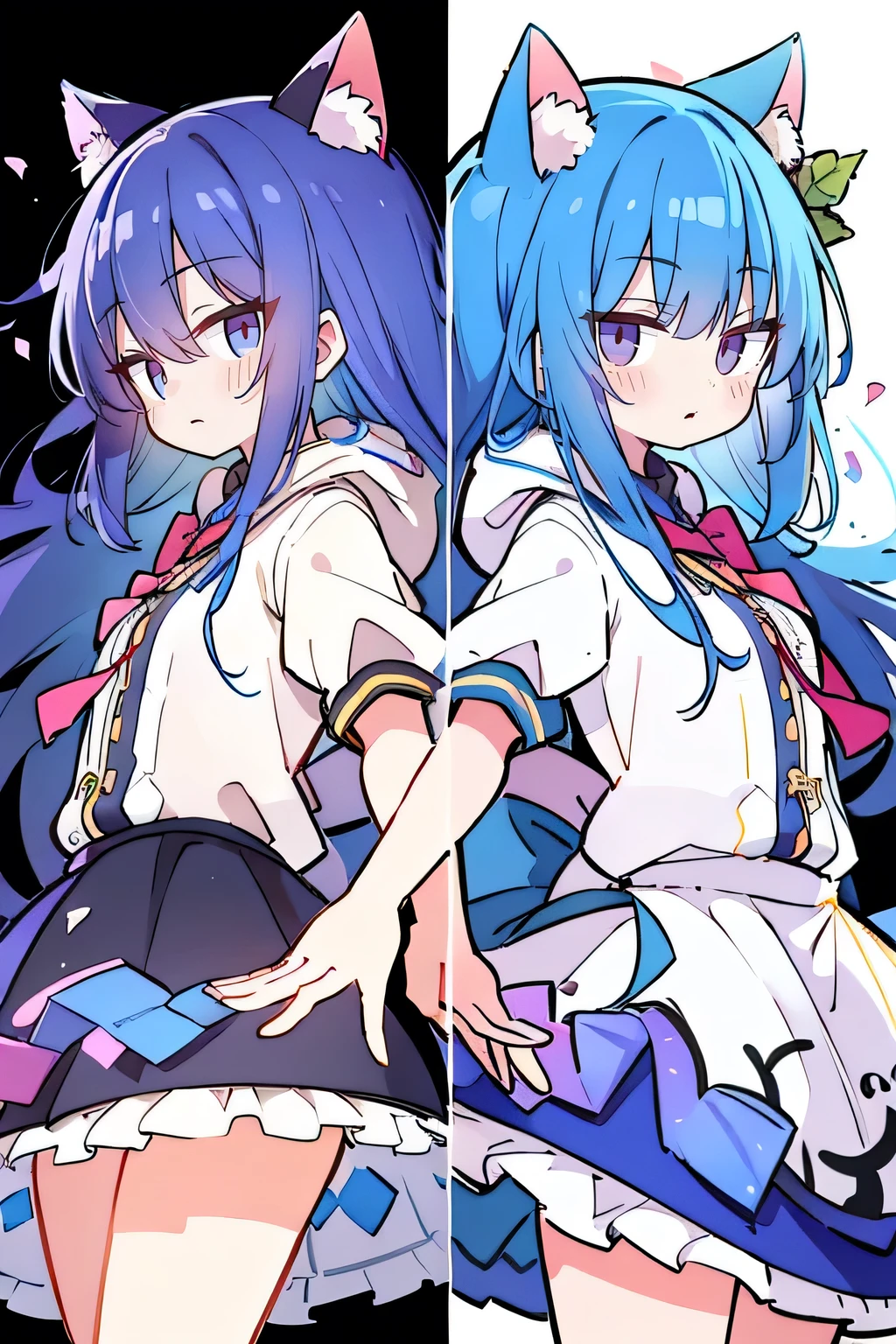 （masterpiece：1.2），Super detailed，lifelike，Expressive eyes，fair skin，perfect face shape，1 girl，
Japanese comics,Gorgeous blue hair,flowing blue hair,flowing clothes,Cat ears,Petals fall,beautiful lola,Baby Angel,
Shaking head with one hand，Cross your legs，Gentle and peaceful background，The pavilion is cool and comfortable,smile, wearing hoodie, background of tokyo,back views.snowing, winter.