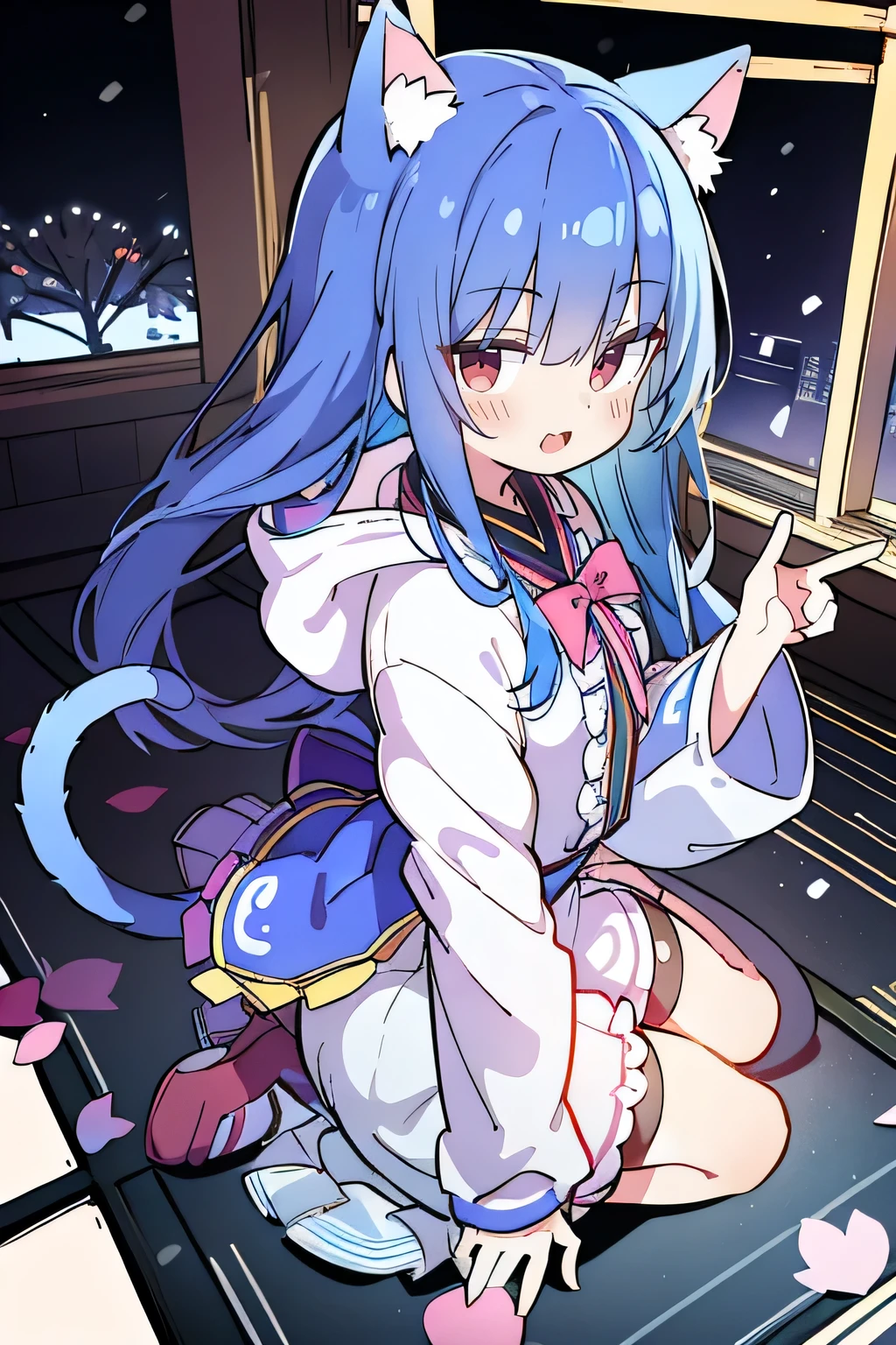 （masterpiece：1.2），Super detailed，lifelike，Expressive eyes，fair skin，perfect face shape，1 girl，
Japanese comics,Gorgeous blue hair,flowing blue hair,flowing clothes,Cat ears,Petals fall,beautiful lola,Baby Angel,
Shaking head with one hand，Cross your legs，Gentle and peaceful background，The pavilion is cool and comfortable,smile, wearing hoodie, background of tokyo,back views,snowing, winter.