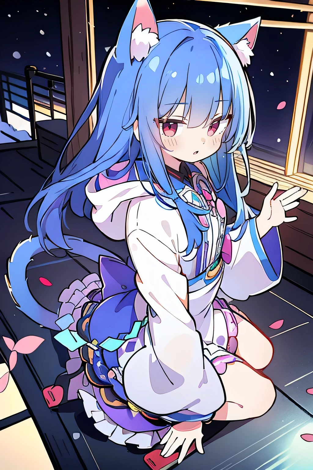 (masterpiece:1.2),Super detailed,lifelike,Expressive eyes,fair skin,perfect face shape,1 girl,
Japanese comics,Gorgeous blue hair,flowing blue hair,flowing clothes,Cat ears,Petals fall,beautiful lola,Baby Angel,
Shaking head with one hand,Cross your legs,Gentle and peaceful background,The pavilion is cool and comfortable,smile, wearing hoodie, background of tokyo,back views.snowing, winter.