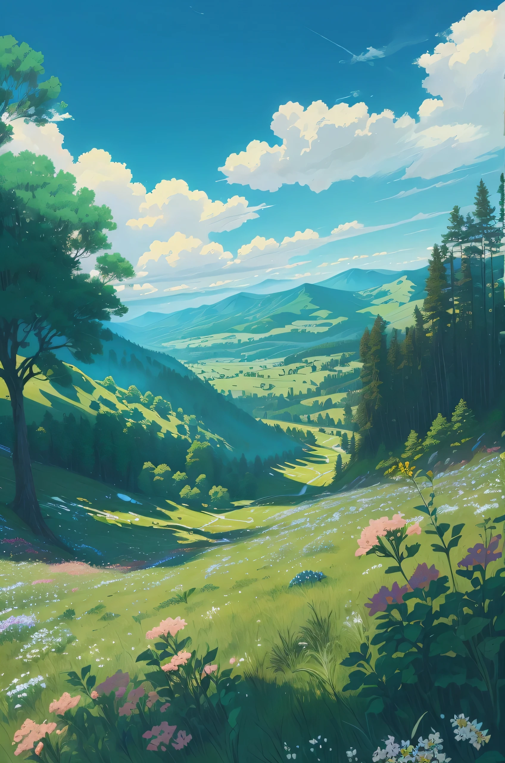 A landscape painting, looking down from the mountain, with flowers and grass nearby and forests and rolling hills in the distance.