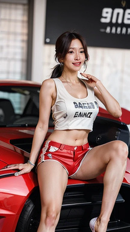 (High resolution 8K),( highest quality), Very detailed, (masterpiece), Realistic, Very detailedなかわいい女の子,( Age 25), (From the whole body to the toes:1.2),(Shooting from the side:1.2),(sitting on the hood of a car),(Race Queen),(Natural pose),(Hair tying pose),(Big Breasts),(Big Ass),(Smiling at the camera),( Smiling while looking at the camera ),(Full Body Shot:1.2) ,((Side shot 1.2)),(ponytail),(photoRealistic:1.3),((Wear a sponsored grid girl costume,He is wearing a white tank top with a logo printed on it.....)), ((Red shorts with logo print)),(Participate in a motorsport race), (Look at me and smile),