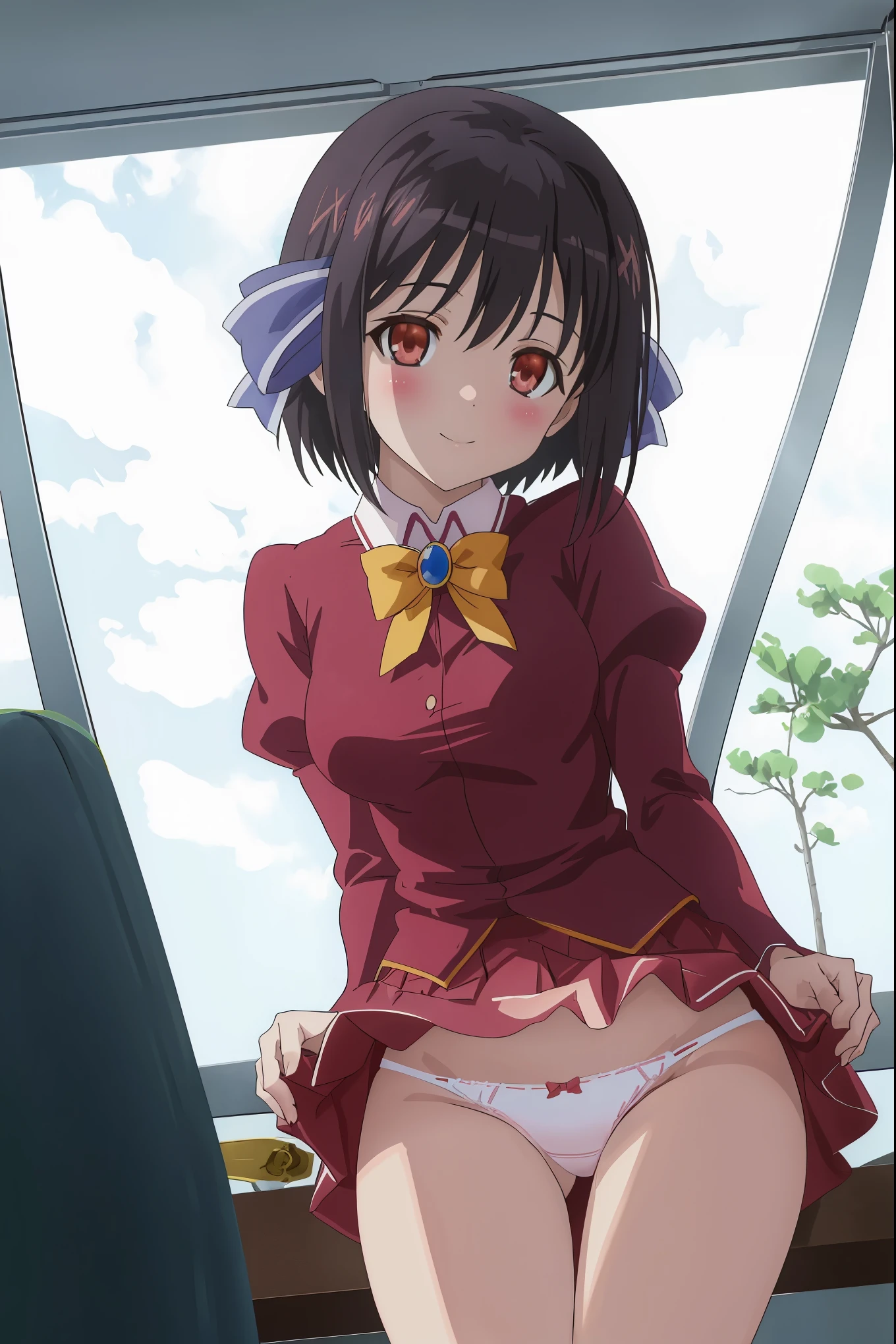 1girl in,Sitting,From above,Looking at Viewer,Tomomi_Xijing, bow ribbon, Short hair, ,red ,Winter clothes,Long sleeves,Panties,Perfect Lighting,1girl in,, up skirt,Best Quality,(Skirt lift),(up skirt),,Smile,blush,anime screen cap,Flat color,cel shading,((tucking up the skirt)),((Panties)),short torso,Show off panties,pantyshot,