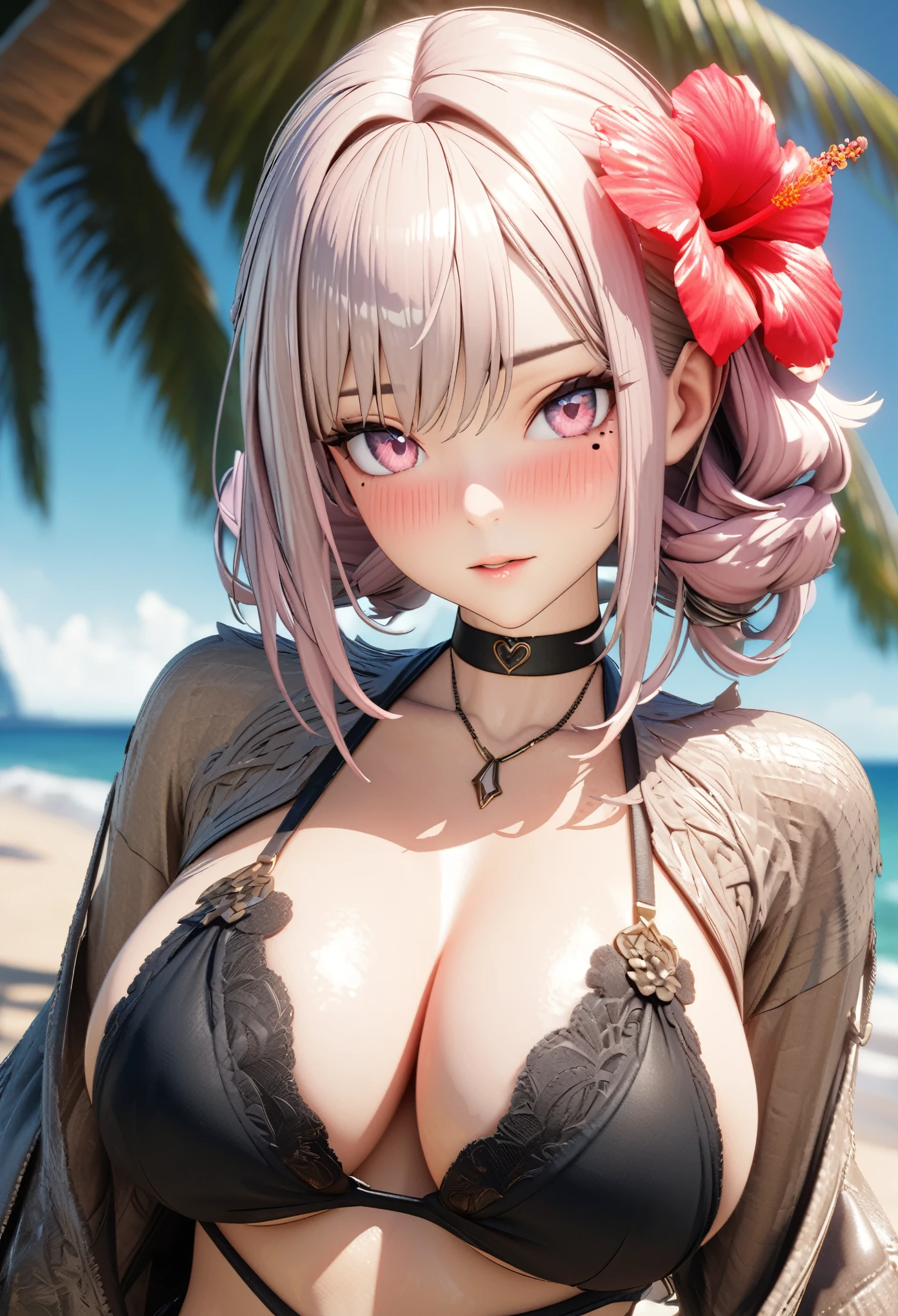 masterpiece,highest quality, Very detailed, High resolution, expensive resolution, High resolution, 4K, 8k, unity 8k wallpaper, Very detailed CG, masterpiece, 2D, 3D, Beautiful details, depth, Fine texture , highest quality: 1.3, Fully focused, Crispy.skin, .he,
Very cute anime girl 、Bikini、Large Breasts、ピンクのセミロングヘア wearing expensive , One Girl、Palm tree、Seaside, Mole under the eye, looking at the viewer , expensive , blush, Mole, Lips parted, Hibiscus hair accessory, heart, Pink Eyes, choker