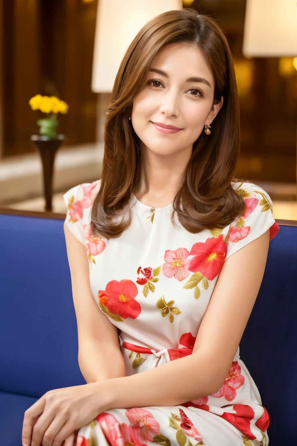 highest quality, masterpiece, High resolution, Realistic, RAW Photos, 8k wallpaper, perfection, Professional Lighting, Very detailed, Written boundary depth, ((One beautiful woman)), ((Sexy 40 year old women)), (In the hotel lobby), ((Brightly colored floral dress)), ((Looking at the camera)), Detailed face, Beautiful Eyes, (Sit with the correct posture), (Sit facing forward), Shapely small breasts, (Sexy look), Light brown straight hair, ((symmetrical hair length)), (Thick lips), ((Place your arms between your legs))