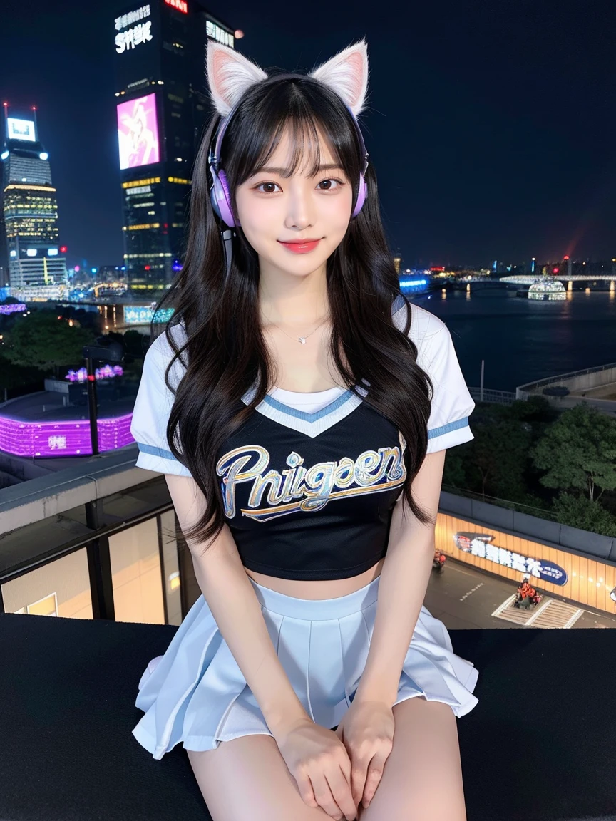 Full Body Photo、Overall、最high quality, masterpiece, 32k、Very detailed、Realistic、1 girl, Japanese women、Cute face, (photo Actual:1.3), Edge lighting, (Skin with attention to detail:1.2), 8k超High resolution, Single-lens reflex camera, high quality, High resolution, 4K, 8k, Optimal ratio of four fingers to one thumb, (Actual:1.3), smile、自然なsmile、Cheerleader Costume(Black、Sky blue line design)、Cat ear headphones(Sky blue neon cat ear headphones)、cute 1 girl, Realistic、Super Realistic、32k、Very detailed、masterpiece, 最high quality, beautiful girl, beauty、 Mecha, Beautiful lighting, Sitting,Baseball Stadium、Baseball Stadiumのテラス席