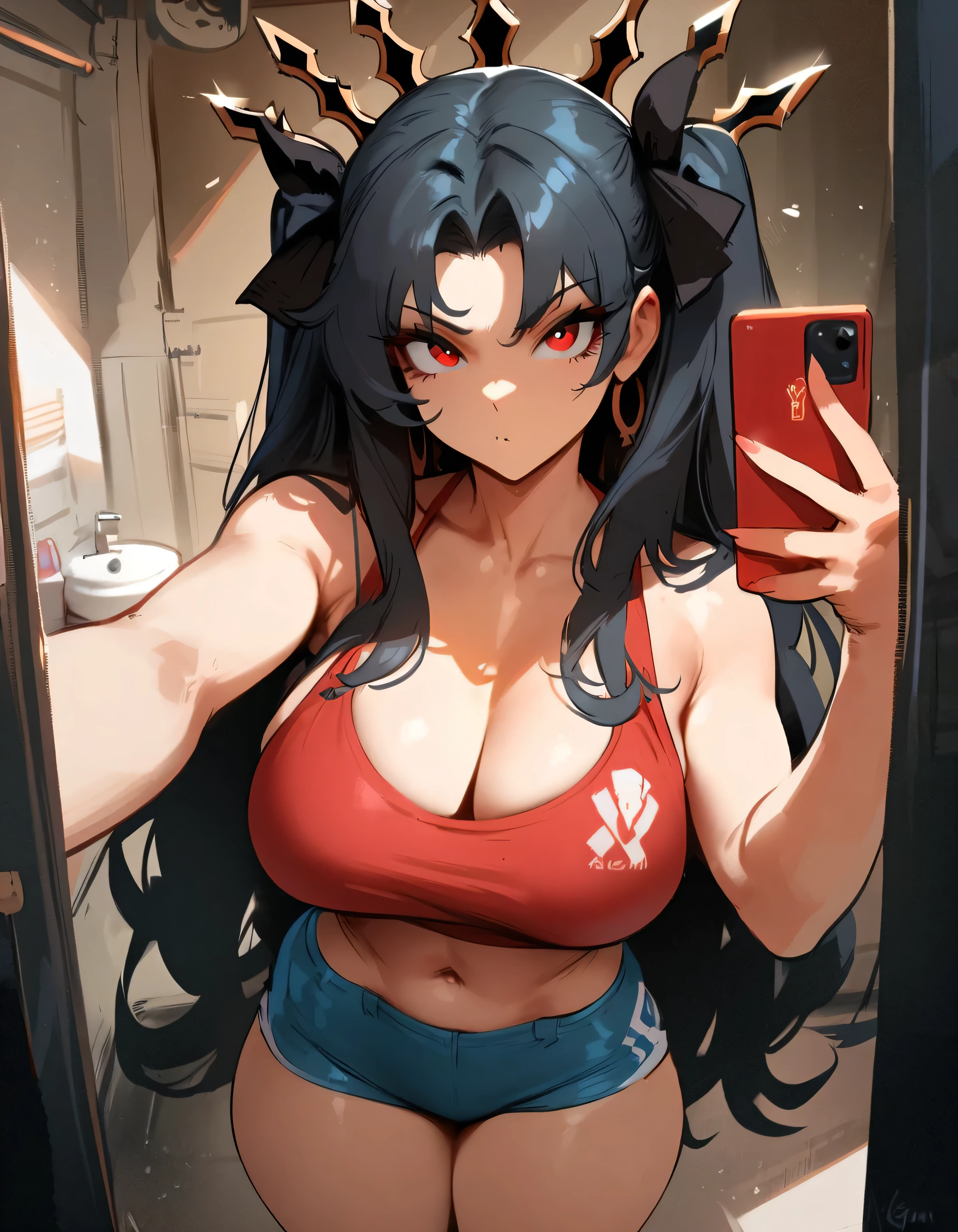 1girl , ishtar \(fate\), fate \(series\) \\\\\ masterpiece, best quality, very aesthetic, absurdres, newest \\\\\\ perfect anatomy, slim body, , \\\\\\ by nyantcha, omone hokoma agm, , cutesexyrobutts, by khyle, ,,, \\\\\ , , , bathroom background,simple background, looking at viewer, , , standing,,,solo, ,, cowboy shot, portrait, red eyes, ,red sport bra, blue sport shorts, 18 years old, black hair,selfie, big tits
