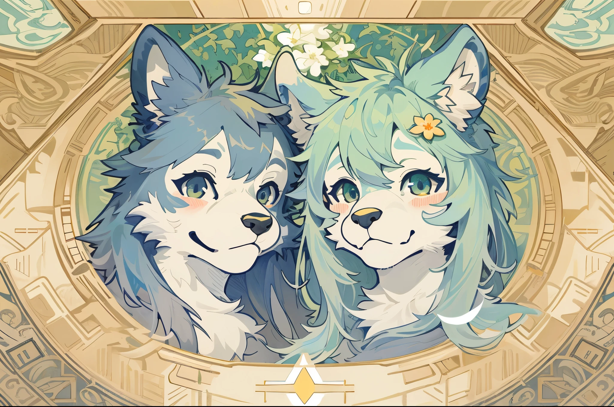 highres, top quality, best quality, paid reward available, High-quality illustrations by Alfons Mucha, unparalleled masterpiece, perfect artwork, absurdres, logo mark, stamp, Geometric pattern, vector-art, masterpiece(kemono, furry anthro)flower,