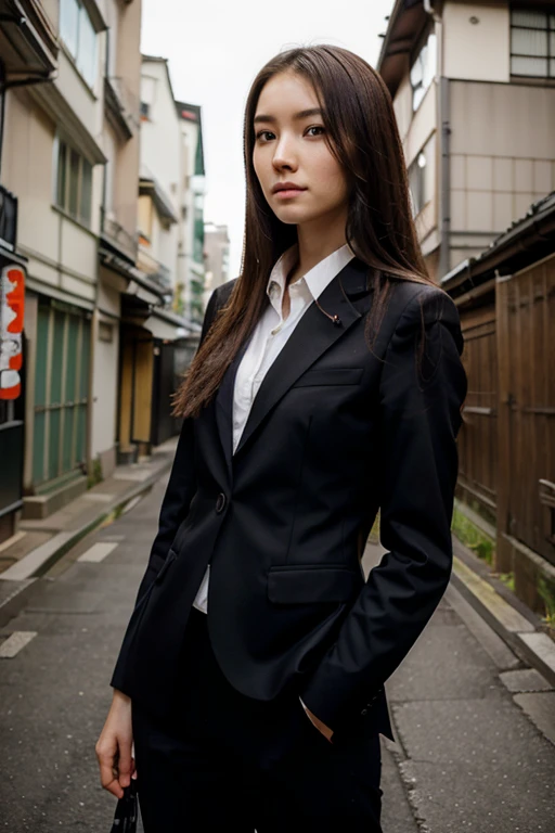 long hair, woman, suit, slender, 25 years old, Japan person