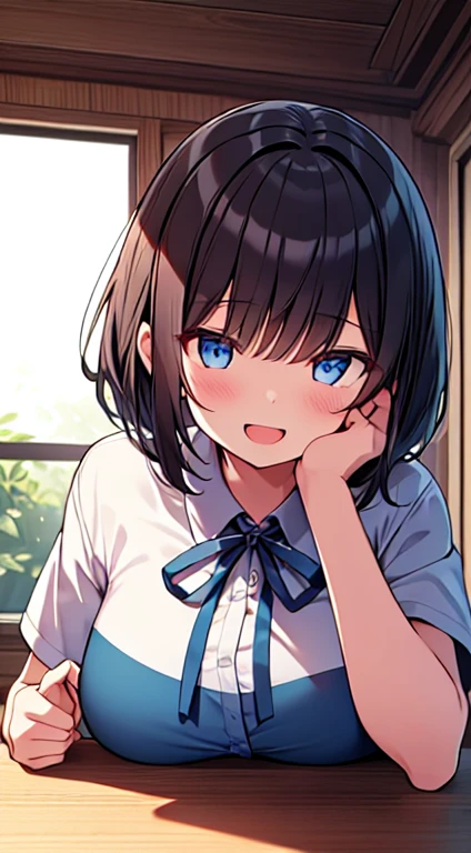 table, Best quality,illustration, wallpaper, ultra detail, 1 girl in,One,Beautiful detailed eyes,Very thick contour lineedium short-Cut Hair、short, braided hair、(student clothing)、dark hair color、An open mouth and a big smile、Kamimei、corner, under which the whole body is visible、corner обзора:1.2、small head、big breasts