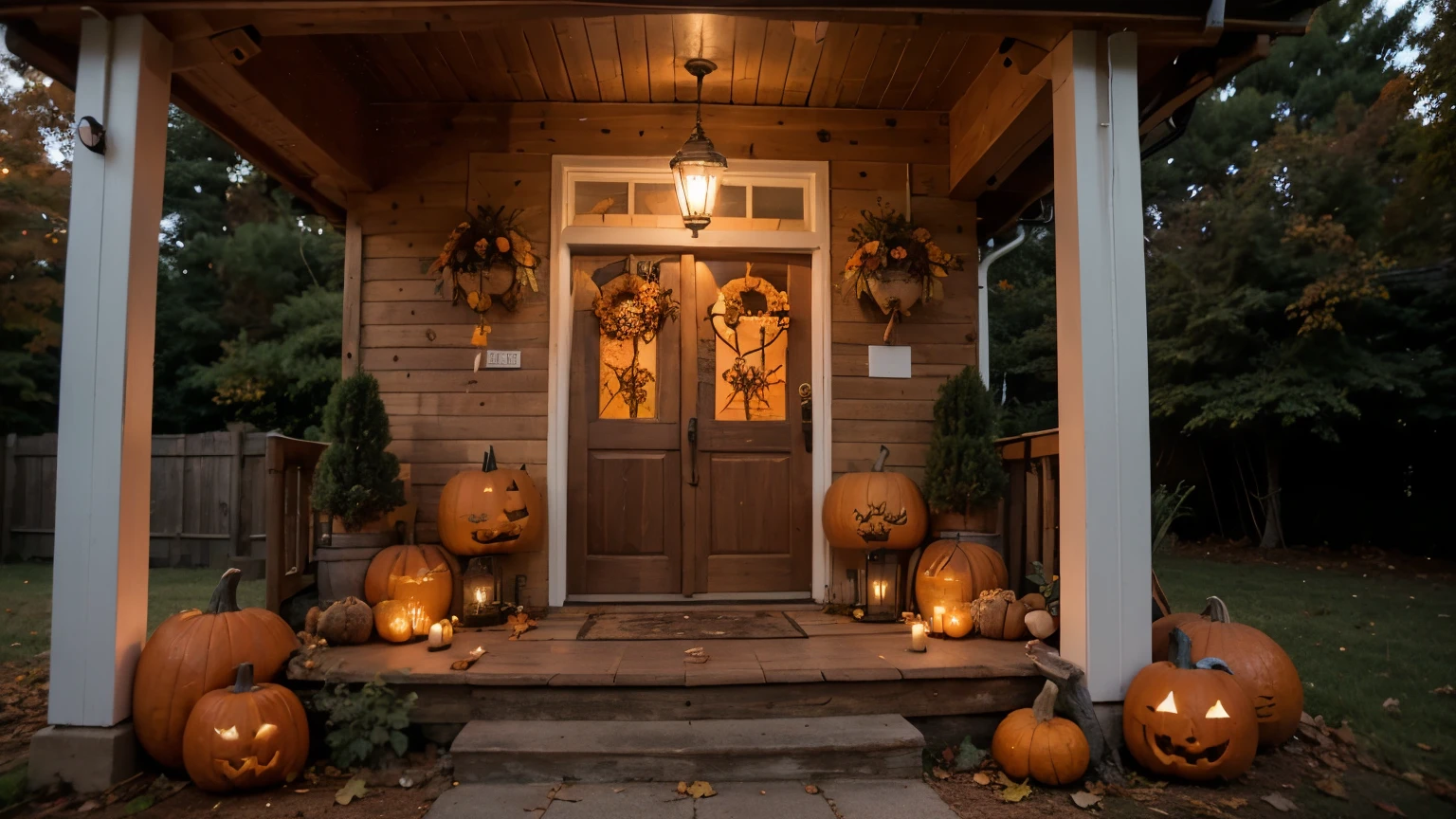 Background with halloween pumpkins, candles and autumn leaves on the wooden house porch