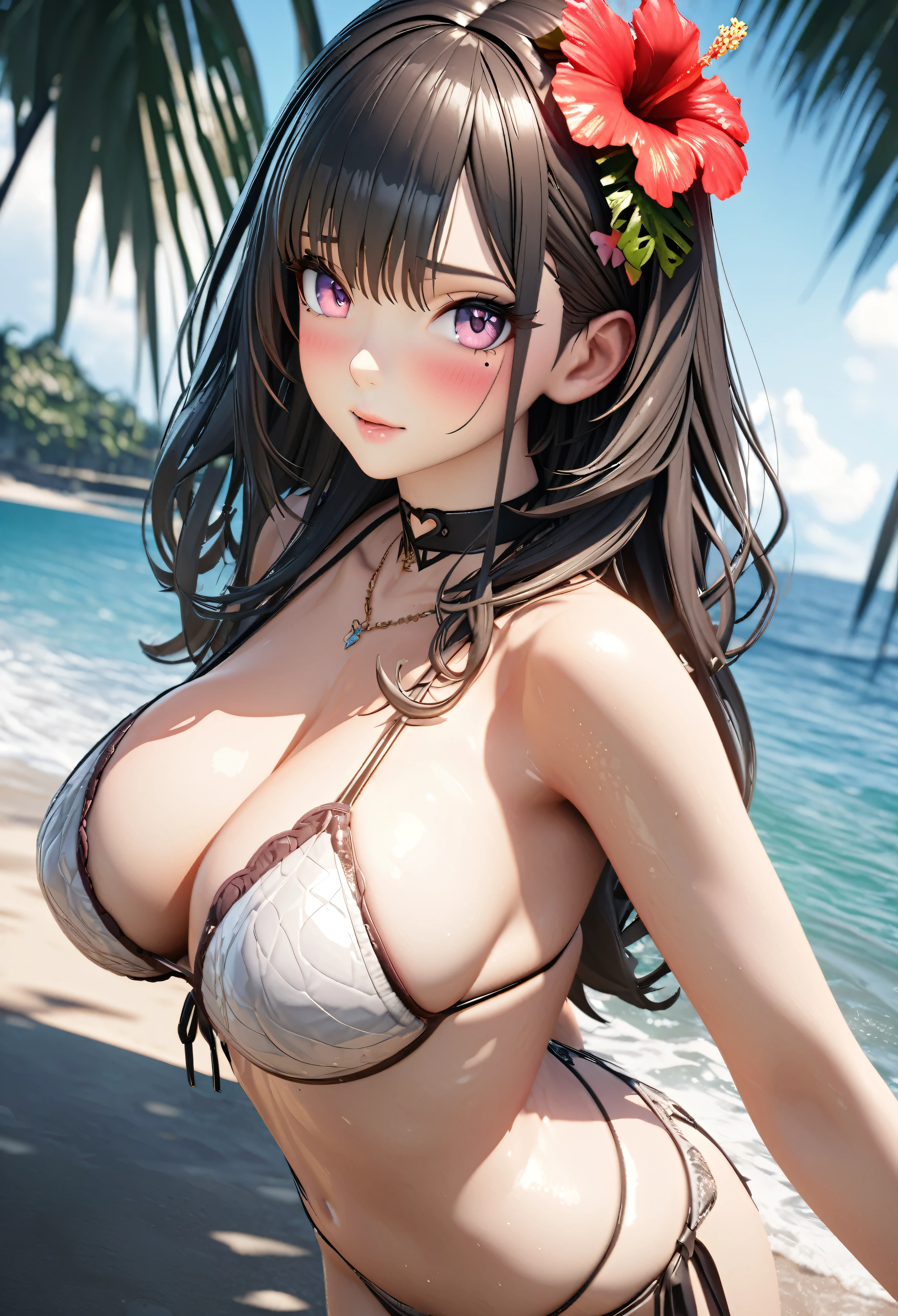 masterpiece,highest quality, Very detailed, High resolution, expensive resolution, High resolution, 4K, 8k, unity 8k wallpaper, Very detailed CG, masterpiece, 2D, 3D, Beautiful details, depth, Fine texture , highest quality: 1.3, Fully focused, Crispy.skin, .he,
Very cute anime girl 、Bikini、Large Breasts、Pink medium-long hair wearing expensive , One Girl、Palm tree、Seaside, Mole under the eye, looking at the viewer , expensive , blush, Mole, Lips parted, Hibiscus hair accessory, heart, Pink Eyes, choker