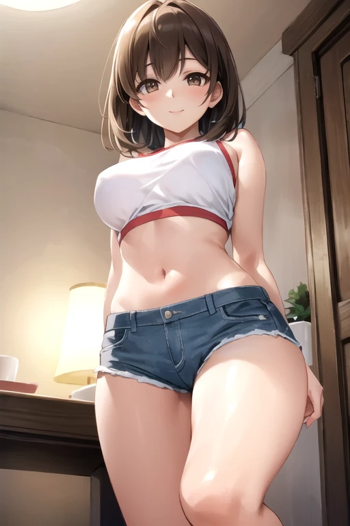 masterpiece, best quality, ultra detailed, highres, extremely detailed CG unity 8k wallpaper, perfect lighting,  very detailed background, beautiful and aesthetic,sharp focus, perfect face, 
1lady、 smiling、
short brown hair, large light brown eyes、delicate oval face, middle breasts、Slim figure、
white crop top、white shorts、
thin thong、barefoot、
 view from below. 
Ambient light、Volumetric Light、shoot from side