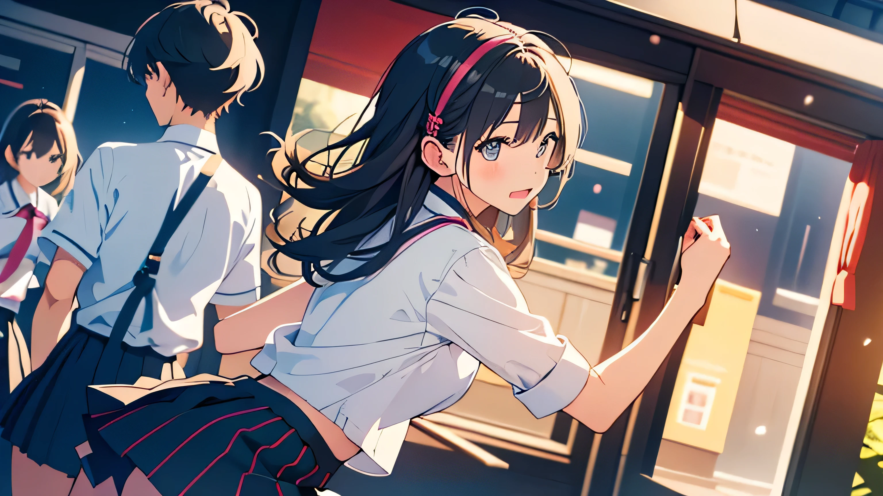 An adult woman wearing headphones happily dancing in a sunny park Checked Skirt dance Black Hair headphone