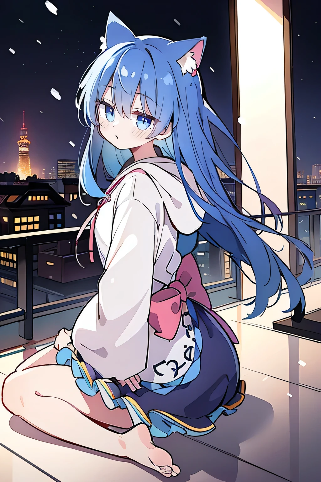 (masterpiece:1.2),Super detailed,lifelike,Expressive eyes,fair skin,perfect face shape,1 girl,
Japanese comics,Gorgeous blue hair,flowing blue hair,flowing clothes,Cat ears,Petals fall,beautiful lola,Baby Angel,
Shaking head with one hand,Cross your legs,Gentle and peaceful background,The pavilion is cool and comfortable,smile, wearing hoodie, background of tokyo,back views.snowing, winter.