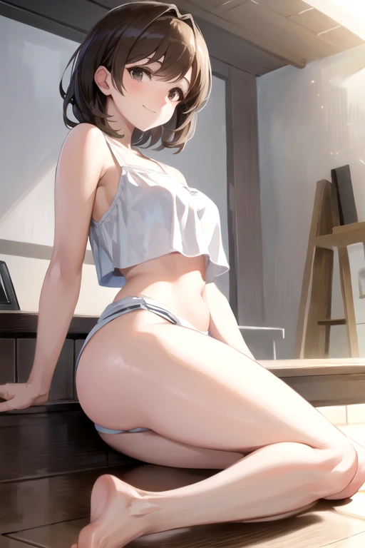 masterpiece, best quality, ultra detailed, highres, extremely detailed CG unity 8k wallpaper, perfect lighting, very detailed background, beautiful and aesthetic,sharp focus, perfect face,
1lady、 smiling、
short brown hair, large light brown eyes、delicate oval face, middle breasts、Slim figure、
white crop top、white shorts、
thin thong、barefoot、
Ambient light、Volumetric Light、shoot from side