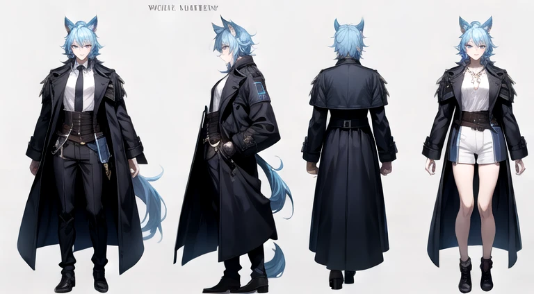 ((the masterpiece)),((((Best quality))),(Character Design Sheet,same character,facade,side face,behind),Reference Table for Cute Boyedium length light blue hair,heterochromic eyes,smile,wolf ears,wolf tail,one tail,Light trench coat with shorts,Cross Necklace,detailed face,detailed hair,(Simple background,White background:1.3)