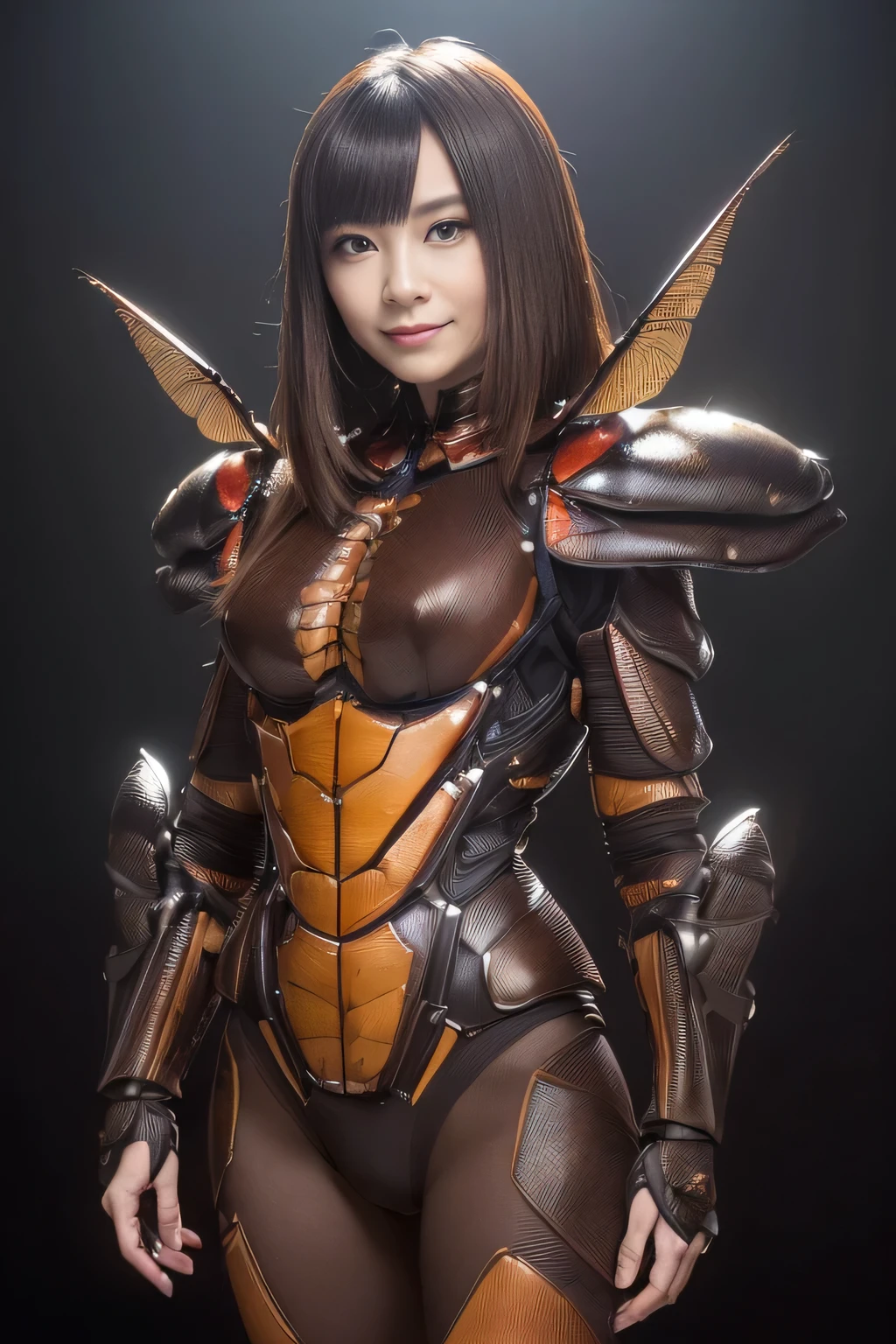 (high resolution,masterpiece,best quality,extremely detailed CG, anime, official art:1.4), realistic, photo, amazing fine details, all intricate, gloss and shiny,awesome many layers, 8k wall paper, 3d, sketch, kawaii, illustration,( solo:1.4), perfect female proportion,villainess, (fusion of dark brown cockroach and lady:1.4), (brown cockroach form lady:1.2), (brown cockroach lady:1.2), (fusion:1.2), (solo:1.4), (evil smile:1.2), muscular, abs, (cockroach brown exoskeleton bio insect suit:1.4), (cockroach brown exoskeleton bio insect armor:1.2), (brown transparency cockroach wing:1.4), (brown cockroach antennae:1.3),