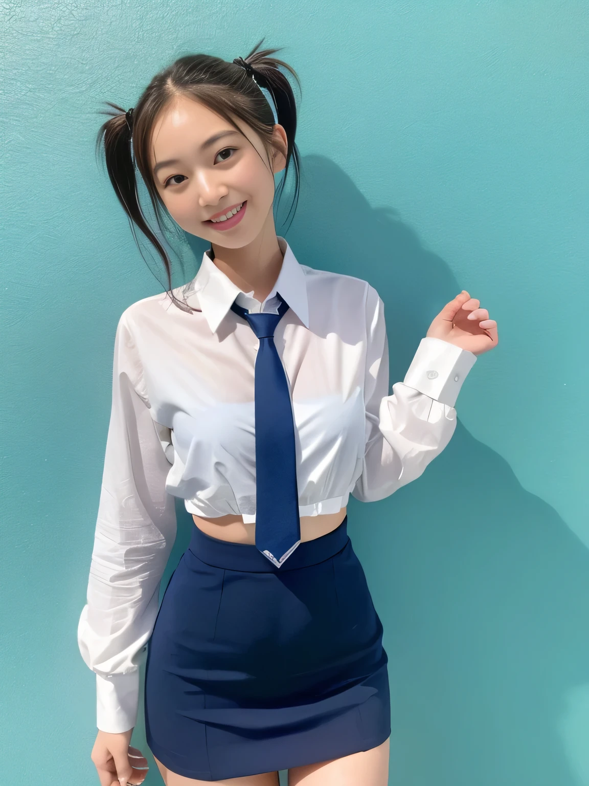 (highest quality、8k、32k、masterpiece、Hmph:1.2)、sexy、18-year-old、Cute Japanese Women Photos、Twin tails、thin、slender、1 girl、(Bobcut)、(Small Tits)、double eyelid、 White open front shirt、Red tie、You can see her underwear faintly、Navy blue mini skirt、Thighs、Light blue wall、whole body、smile、sexy