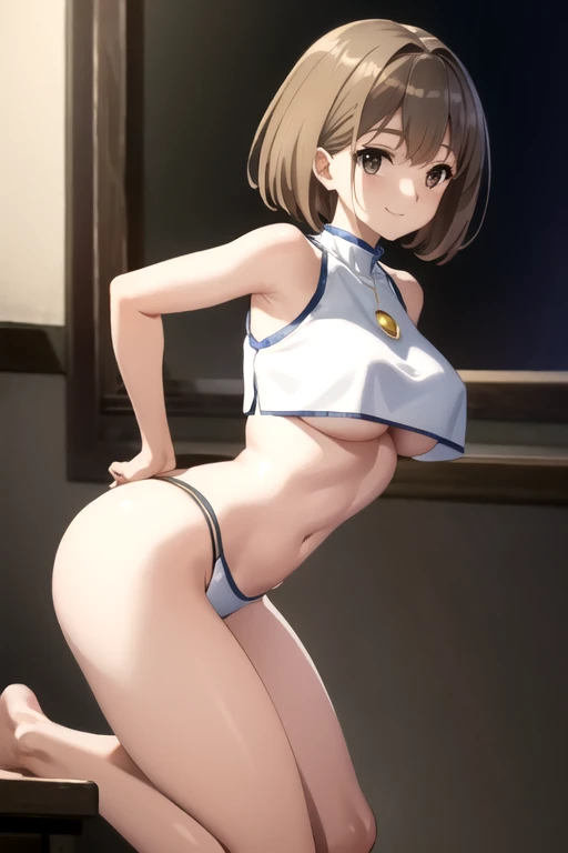 masterpiece, best quality, ultra detailed, highres, extremely detailed CG unity 8k wallpaper, perfect lighting,  very detailed background, beautiful and aesthetic,sharp focus, perfect face, 
1lady、 smiling、
short brown hair, large light brown eyes、delicate oval face, middle breasts、Slim figure、
white crop top、white shorts、
thin thong、barefoot、
Ambient light、Volumetric Light、shoot from side