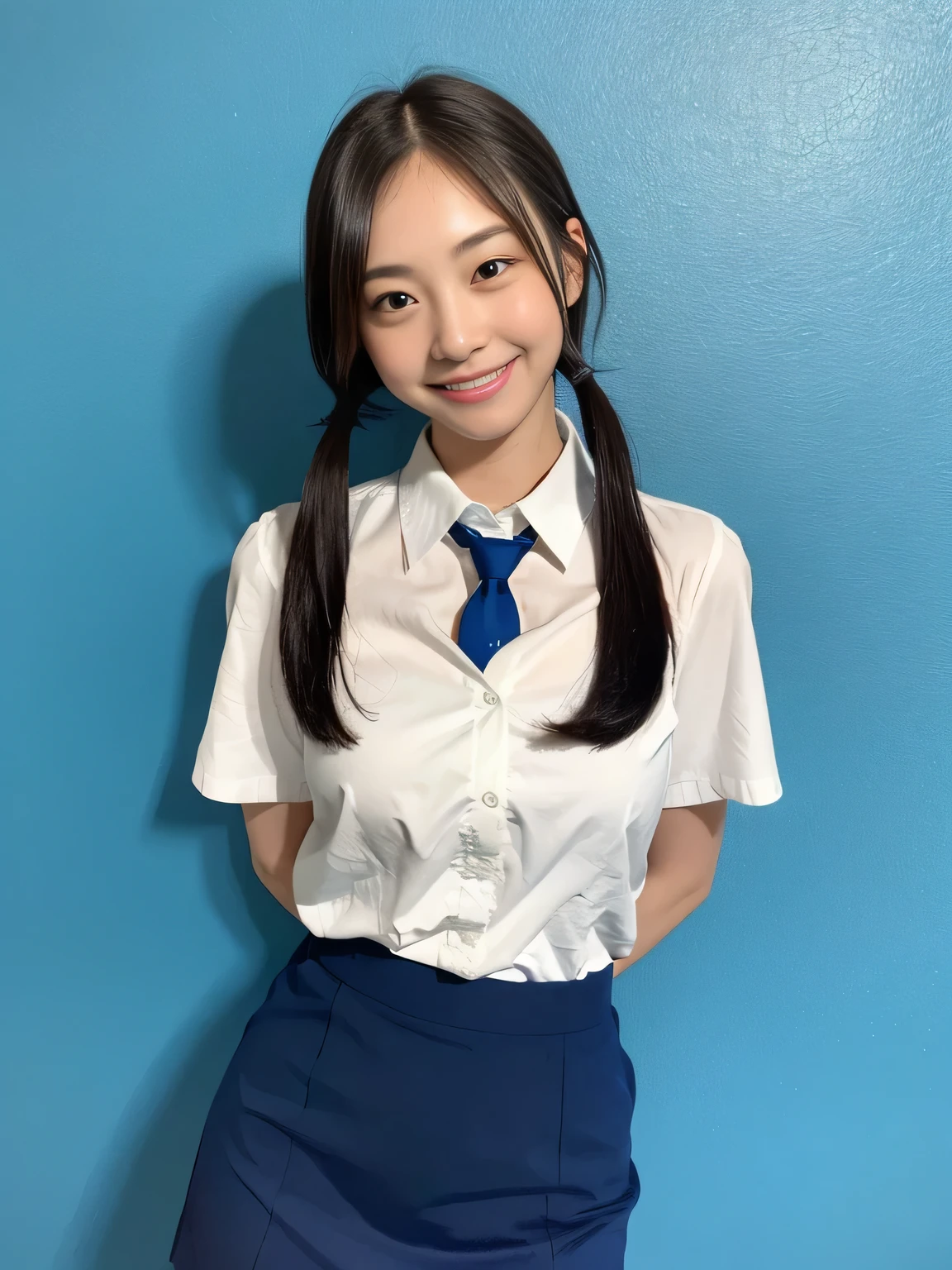 (highest quality、8k、32k、masterpiece、Hmph:1.2)、sexy、18-year-old、Cute Japanese Women Photos、Twin tails、thin、slender、1 girl、(Bobcut)、(Small Tits)、double eyelid、 White open front shirt、Red tie、You can see her underwear faintly、Navy blue mini skirt、Thighs、Light blue wall、whole body、smile、sexy