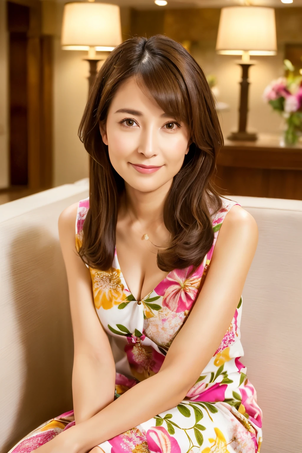 highest quality, masterpiece, High resolution, Realistic, RAW Photos, 8k wallpaper, perfection, Professional Lighting, Very detailed, Written boundary depth, ((One beautiful woman)), ((Sexy 40 year old women)), (In the hotel lobby), ((Brightly colored floral dress)), ((Looking at the camera)), Detailed face, Beautiful Eyes, (Sit with the correct posture), (Sit facing forward), Shapely small breasts, (Sexy look), Light brown straight hair, ((symmetrical hair length)), (Thick lips), ((Place your arms between your legs))
