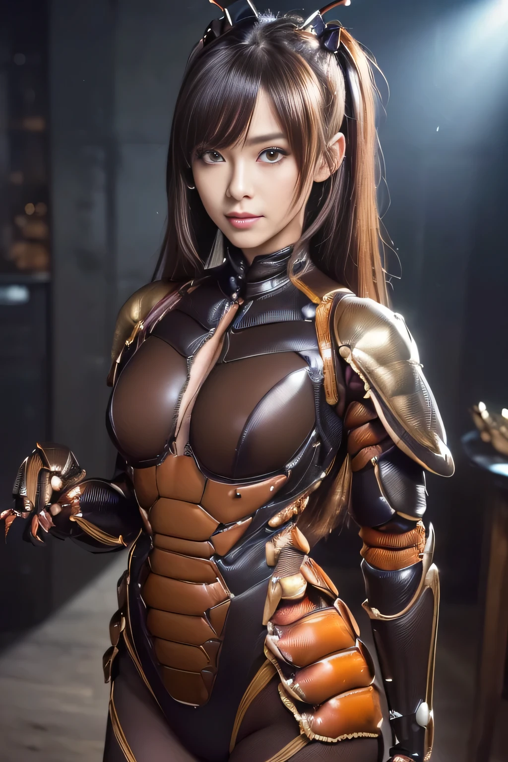 (high resolution,masterpiece,best quality,extremely detailed CG, anime, official art:1.4), realistic, photo, amazing fine details, all intricate, gloss and shiny,awesome many layers, 8k wall paper, 3d, sketch, kawaii, illustration,( solo:1.4), perfect female proportion,villainess, (fusion of dark brown cockroach and lady:1.4), (brown cockroach form lady:1.2), (brown cockroach lady:1.2), (fusion:1.2), (solo:1.4), (evil smile:1.2), muscular, abs, (cockroach brown exoskeleton bio insect suit:1.4), (cockroach brown exoskeleton bio insect armor:1.2), (brown transparency cockroach wing:1.4), (brown cockroach antennae:1.3),