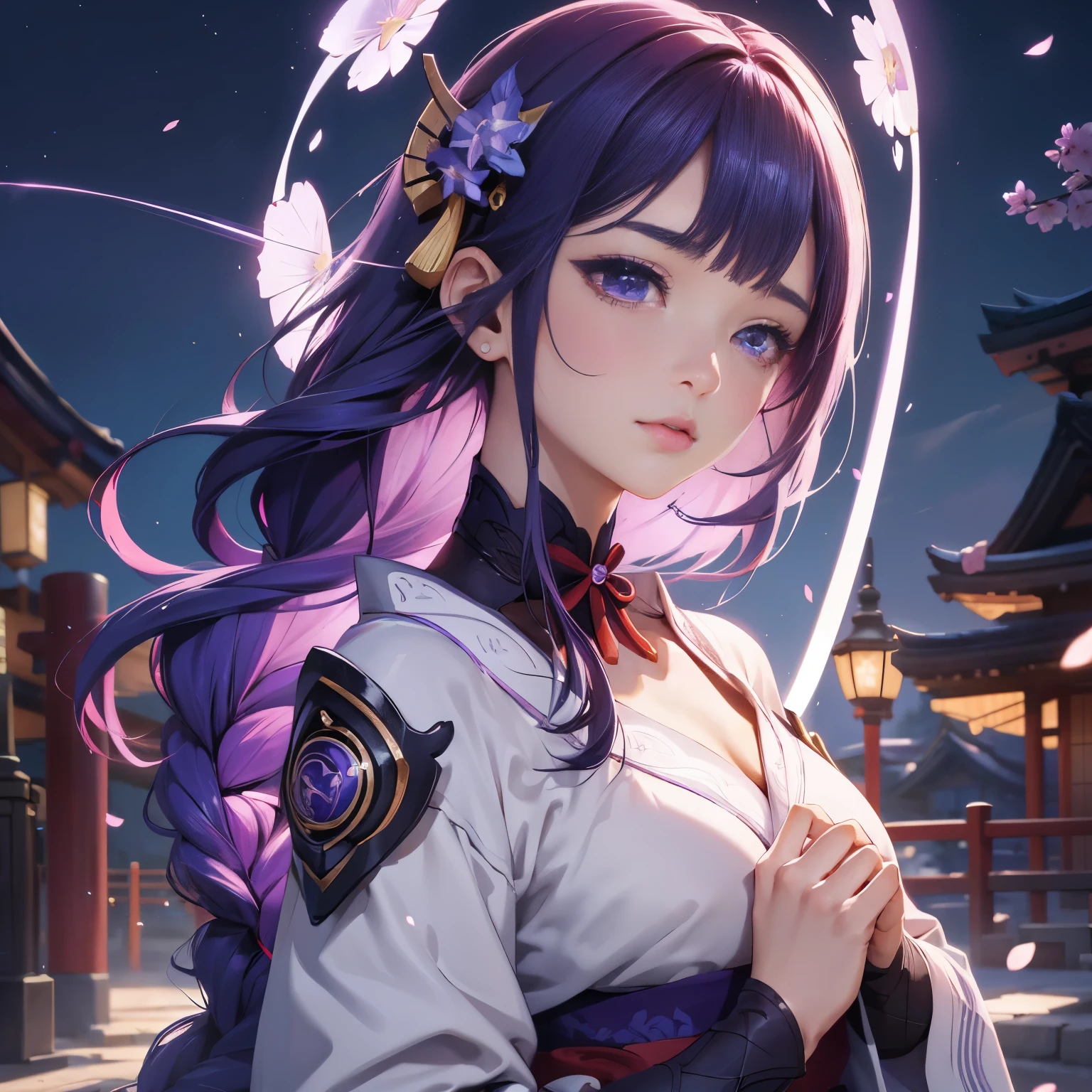 ((Upper body image:1.4))Japanese Shrines, (Highest quality,Realistic,masterpiece:1.2,8k wallpaper:1.2),((Pale skin)),One Girl,women only,((raidenshogundef)),Lightning Particles,Purple Lightning,Light background,cherry blossoms,Purple Theme,Delicate facial features,Sexy and beautiful anime girls,General Raiden,Long purple hair,Rosy lips,Anime Mouth,shut up.,(Very sad face),large breasts