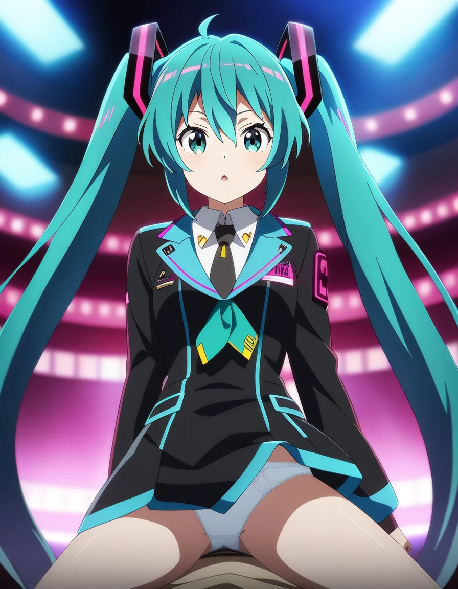 1girl and 1boy, hatsune miku, vocaloid, straddling, panties, anime artwork, anime style, key visual, vibrant, studio anime, highly detailed, looking at viewer, masterpiece, best quality, very aesthetic, absurdres