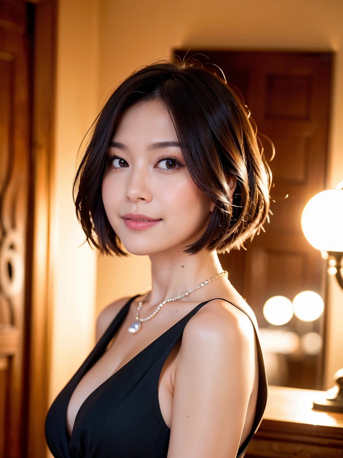 (highest quality, 8k, 32k, masterpiece, Ultra-high resolution:1.2),Beautiful Japanese Women Photos, standard body type、(D cup breasts:1.4), Very short bob hair,Upper Body,Face Focus,(black formal blouse:1.4)、(Black ruffled blouse:1.6),(Pearl Necklace:1.4), (Midnightの工場事務室:1.6), The viewer is looking at her from the side, Observe the audience、(smile:1.3)、(教会の薄Dark Room:1.6)、(Only candlelight:1.5)、Dark Room、Midnight