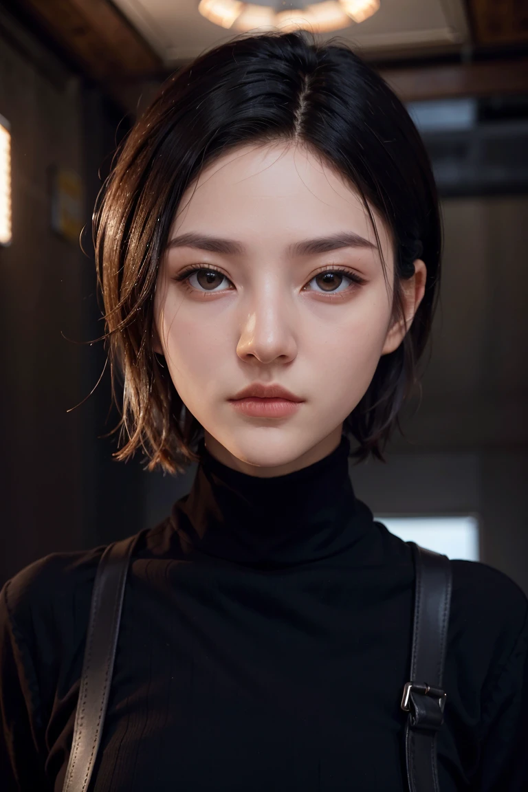 A stunning intricate full color portrait of zaraZof1, wearing a black turtleneck, epic character composition, by Ssunbiki, alessio albi, nina masic, sharp focus, natural lighting, subsurface scattering, f2, 35mm,, very short hair