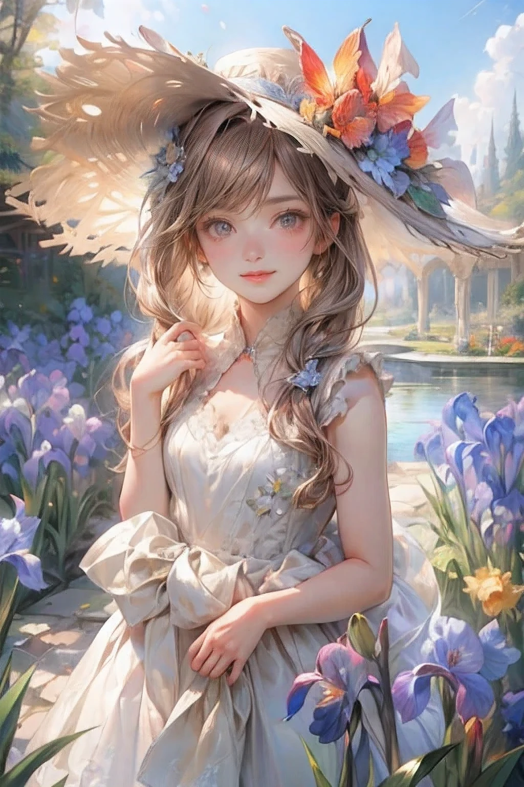 masterpiece:1.2,highest quality, 16k, ultra-realistic:1.37, beautiful detailed, cute girl, standing stylish sun shade formal hat with ribbon and vibrant colors irises ornaments, through bangs, long eyelash, sparkling eyes, shining lips, gently smile, beautiful delicate(hat, ornament, hair, face, eyelash, eyes, pupils, lips, hands, white dress), garden(flowers, irises, butterfly, pond)