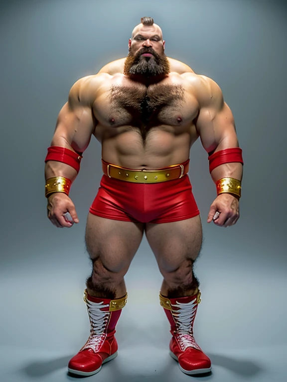 zangief,a man with a beard and a golden belt, fighting game character, street fighter 5,muscled humanoid,heavy looking,buff man,wrestler,Red short briefs,capcom,street fighter,shirtless,muscular male,chest hair,visually weighty,bearded man,mohawk hair,scar,no wristband,Red Wrestling Boots,best quality