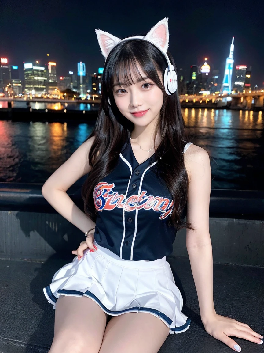 Full body photo、whole、最high quality, masterpiece, 32k、Very detailed、Realistic、1 girl, Japanese women、Cute face, (photo Actual:1.3), Edge lighting, (Skin with attention to detail:1.2), 8k超High resolution, Single-lens reflex camera, high quality, High resolution, 4K, 8k, Optimal ratio of four fingers to one thumb, (Actual:1.3), smile、自然なsmile、Baseball Cheerleader Costumes(Bright pink、Light blue line design、Japanese professional baseball cheerleaders)、Cat ear headphones(ピンク色のネオンCat ear headphones)、cute 1 girl, Realistic、Super Realistic、32k、Very detailed、masterpiece, 最high quality, beautiful girl, beauty、 Mecha, Beautiful lighting, Sitting,Cyber Neon、Future City、Skyscraper、City Night、Shanghai、Big cities、Night view、綺麗なNight view