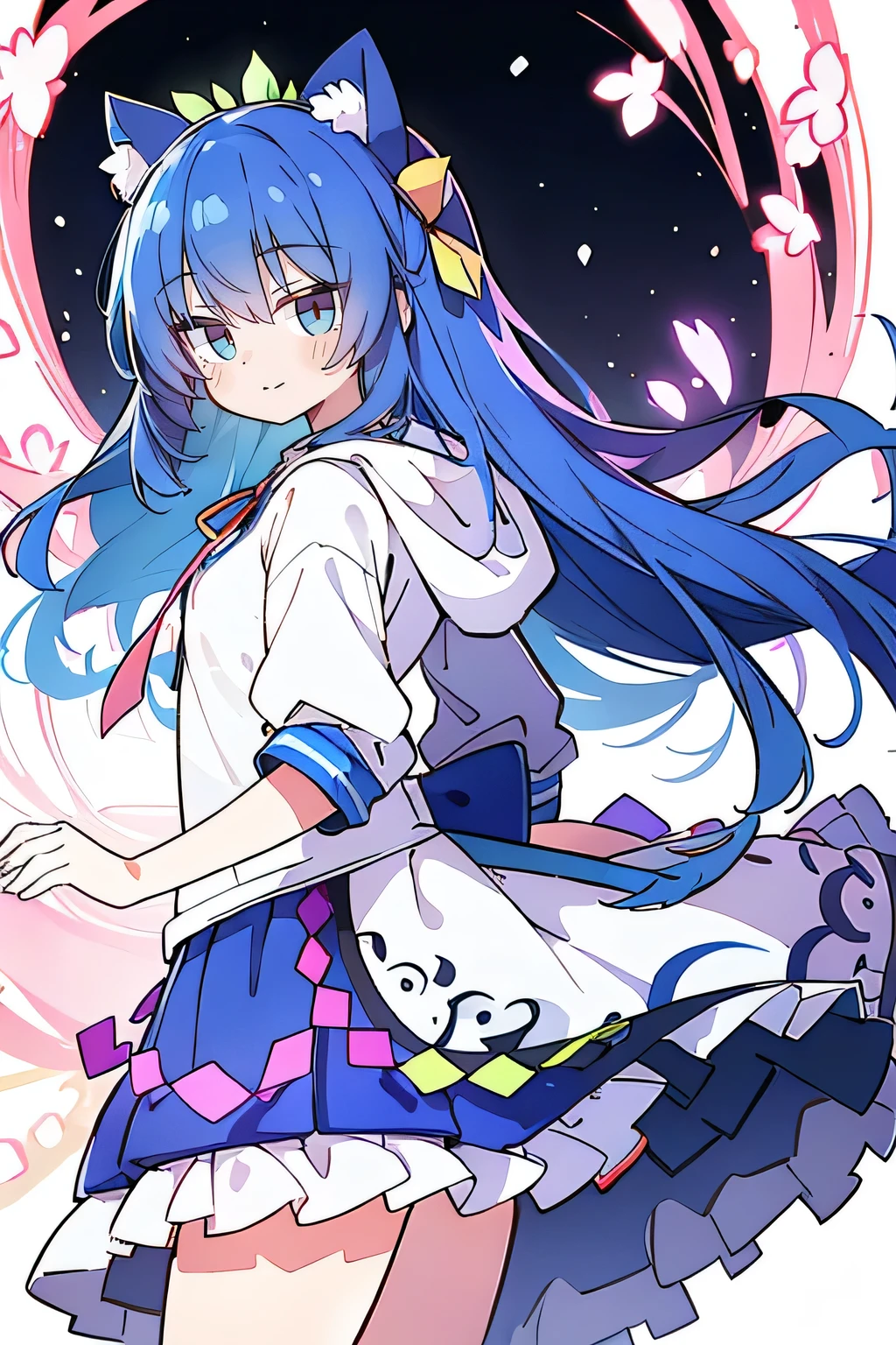 (masterpiece:1.2),Super detailed,lifelike,Expressive eyes,fair skin,perfect face shape,1 girl,
Japanese comics,Gorgeous blue hair,flowing blue hair,flowing clothes,Cat ears,Petals fall,beautiful lola,Baby Angel,
Shaking head with one hand,Cross your legs,Gentle and peaceful background,The pavilion is cool and comfortable,smile, wearing hoodie, background of tokyo,back views.snowing, winter.