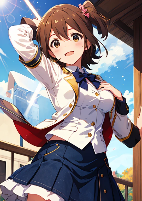 Mirai Kasuga, (highest quality, 8k, masterpiece, Very detailed:1.2), (Lens flare, Particles of light, Shine), Big Breasts, smile, Open your mouth, masterpiece, highest quality, Very detailed, High resolution, Very detailedなCG, (Official Art), Navy blue blazer, Checked Skirt, Light blue skirt, Short skirt, (Embarrassing:1.1), (blush:1.2), Open your mouth, (shout:1.1), (Moving lines:1.1), blue sky, summer, School Scene, Cowboy Shot