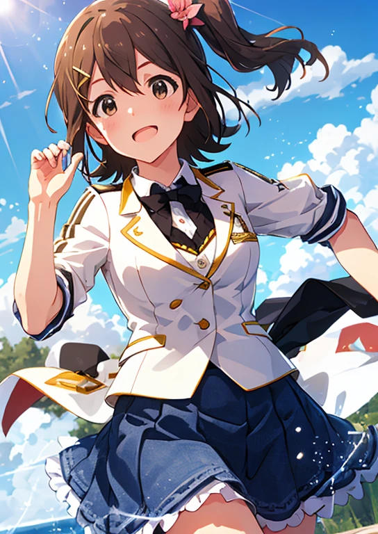 Mirai Kasuga, (highest quality, 8k, masterpiece, Very detailed:1.2), (Lens flare, Particles of light, Shine), Big Breasts, smile, Open your mouth, masterpiece, highest quality, Very detailed, High resolution, Very detailedなCG, (Official Art), Navy blue blazer, Checked Skirt, Light blue skirt, Short skirt, (Embarrassing:1.1), (blush:1.2), Open your mouth, (shout:1.1), (Moving lines:1.1),  blue sky, summer, School Scene, Cowboy Shot