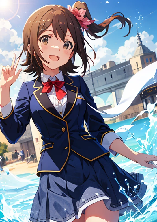 Mirai Kasuga, (highest quality, 8k, masterpiece, Very detailed:1.2), (Lens flare, Particles of light, Shine), Big Breasts, smile, Open your mouth, masterpiece, highest quality, Very detailed, High resolution, Very detailedなCG, (Official Art), Navy blue blazer, Checked Skirt, Light blue skirt, Short skirt, (Embarrassing:1.1), (blush:1.2), Open your mouth, (shout:1.1), (Moving lines:1.1),  blue sky, summer, School Scene, Cowboy Shot