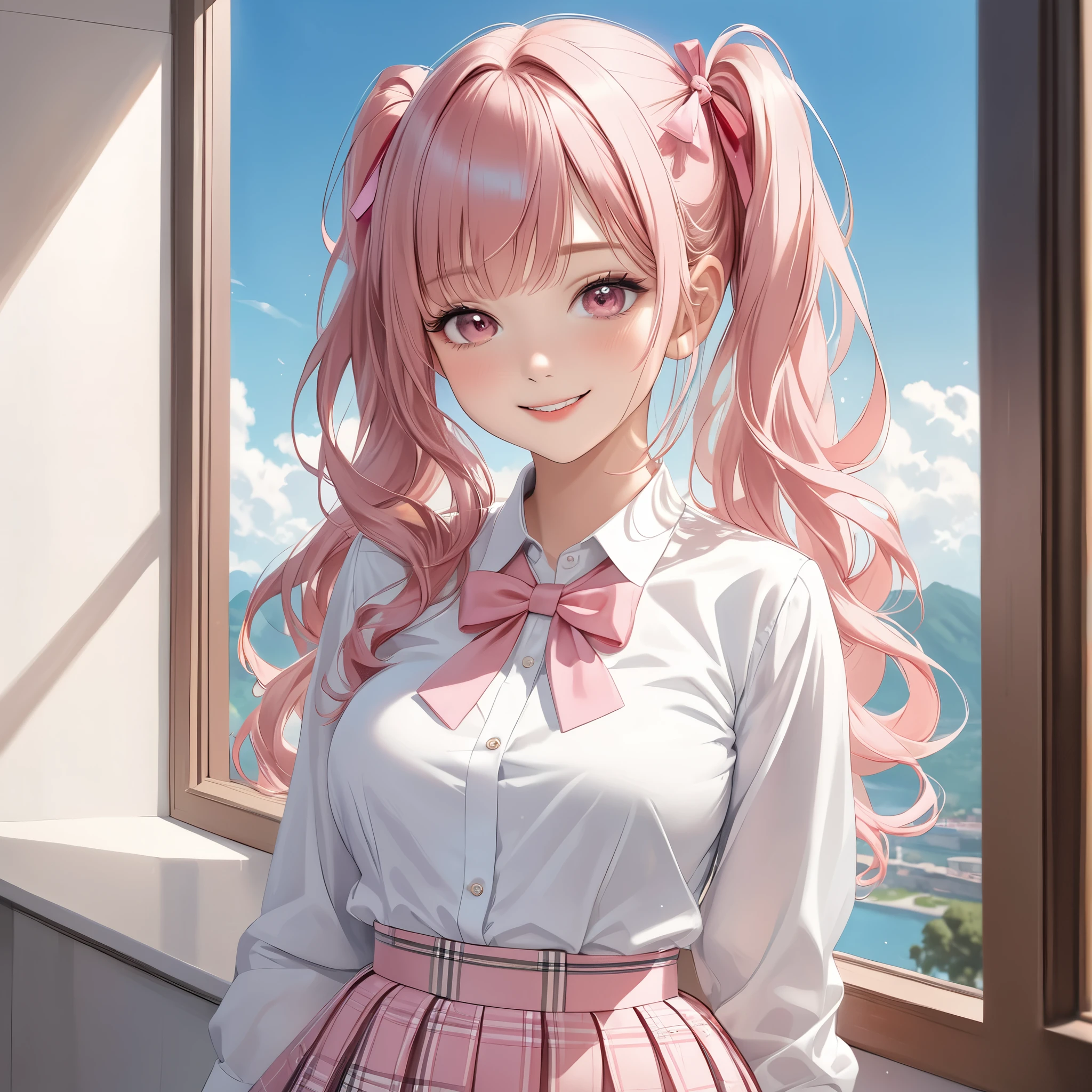(8K, masutepiece, Highest Quality, Best Quality, Official art, Breathtaking beauty and aesthetics, A highly detailed, The best masterpiece in history that exceeds limits, Breathtaking and beautiful lighting:1.2), (1 Absolute Beautiful Girl, Solo), (), (beautiful detailed face), (shiny white skin), (beautiful detailed pink twin tails hair, Bangs:1.3), (beautiful detailed adolable drooing pink eyes:1.3), (high school uniform), (white shirt, pastel pink Tartan Plaid pleated skirt, patsel pink ribbon:1.3), (Beautiful big bust:1.3), (happy smile, Beautiful smile, Gentle smile, cute smile, innocent smile:1.2), (Attractive, amazing, Beautiful, Elegant, Luxurious, magnifica, Happy, Eye-catching, the ultimate beauty, Supreme Beauty, Superlative beauty, Elegant, Graceful, Everyone loves it, Beauty that fascinates everyone, Healed, The highest level of complete beauty, cute like an idol, Stylish like a fashion model, Goddess-like grace, Be loved, cute little, adolable), Look at the camera, cute pose, breathtaking scenery, (ultra detailed realistic Beautiful high school study, blue sky, morning:1.3),