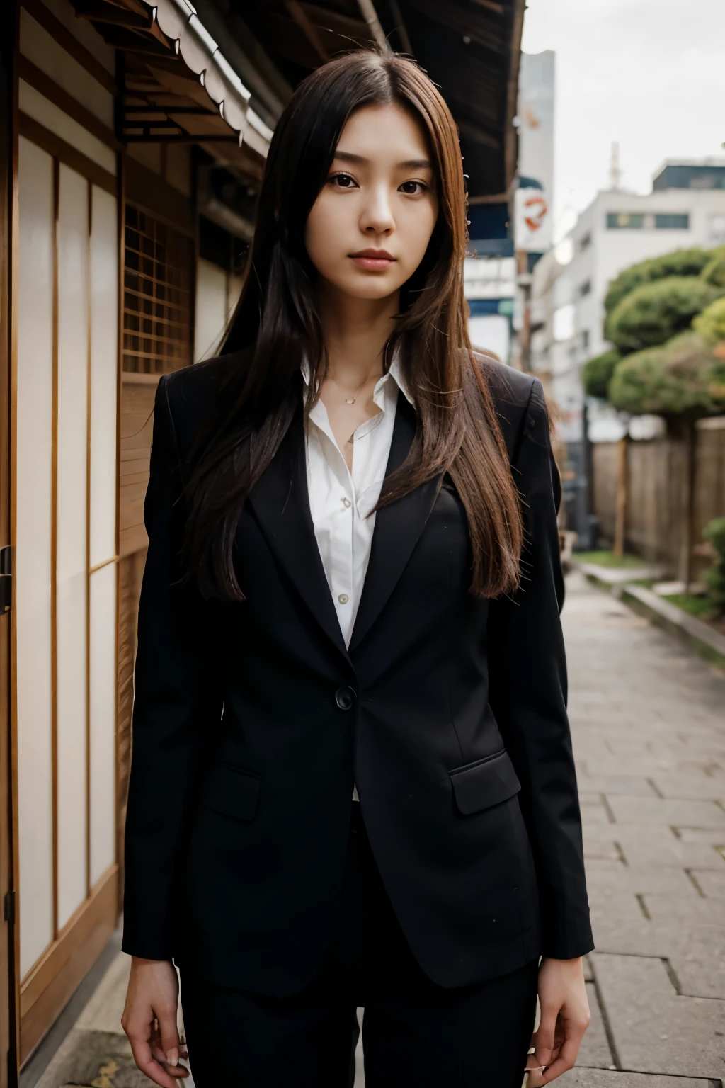 long hair, woman, suit, slender, 25 years old, Japan person