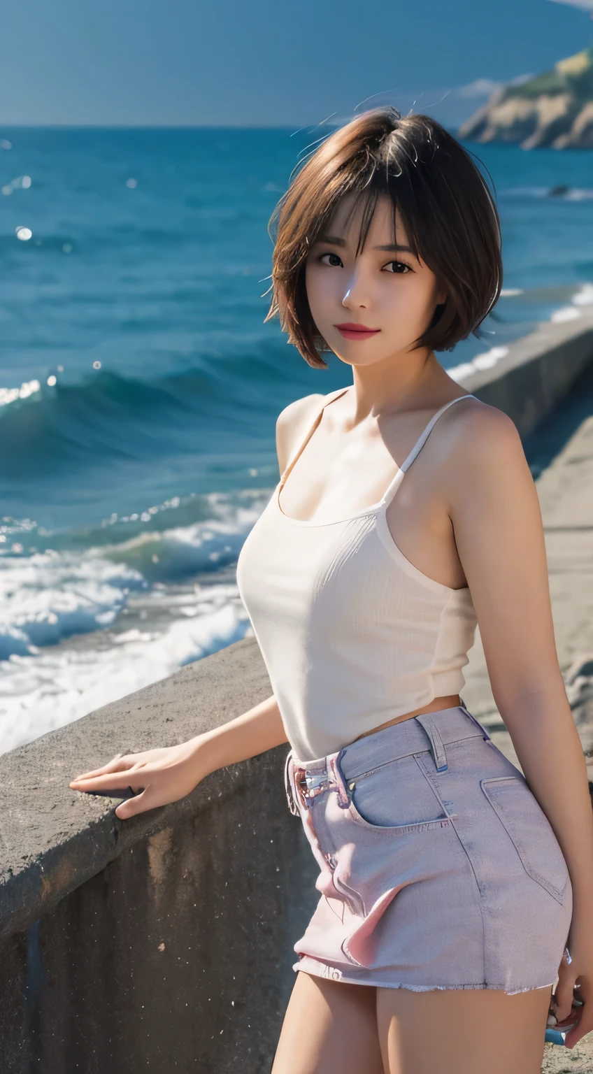 (8k, highest quality, masterpiece: 1.2), (hair_style), (realistic, photorealistic: 1.37), highest quality, masterpiece, shot on a wooden deck with a view of the sky and the sea in the summer sun [small breasts], backlit, shooting from the waist up, shooting at an angle from the bottom, posing with hands raking up hair, shooting with natural light from morning to noon, Hairstyles and fashion styles that match the Japan trends of 2023, realistic, super detailed, 30s, actress, half Japanese and Russian half model, elaborate CG, slender, adorable, hairstyle matches the fashion of Japan in 2023 short bob cut fluttering in the wind, delicate skin type, fine details and softness, model hair color is bright and soft, Choose a short-length T-shirt that matches the summer trends of 2023 and pair it with pale pastel colors for surf fashion.