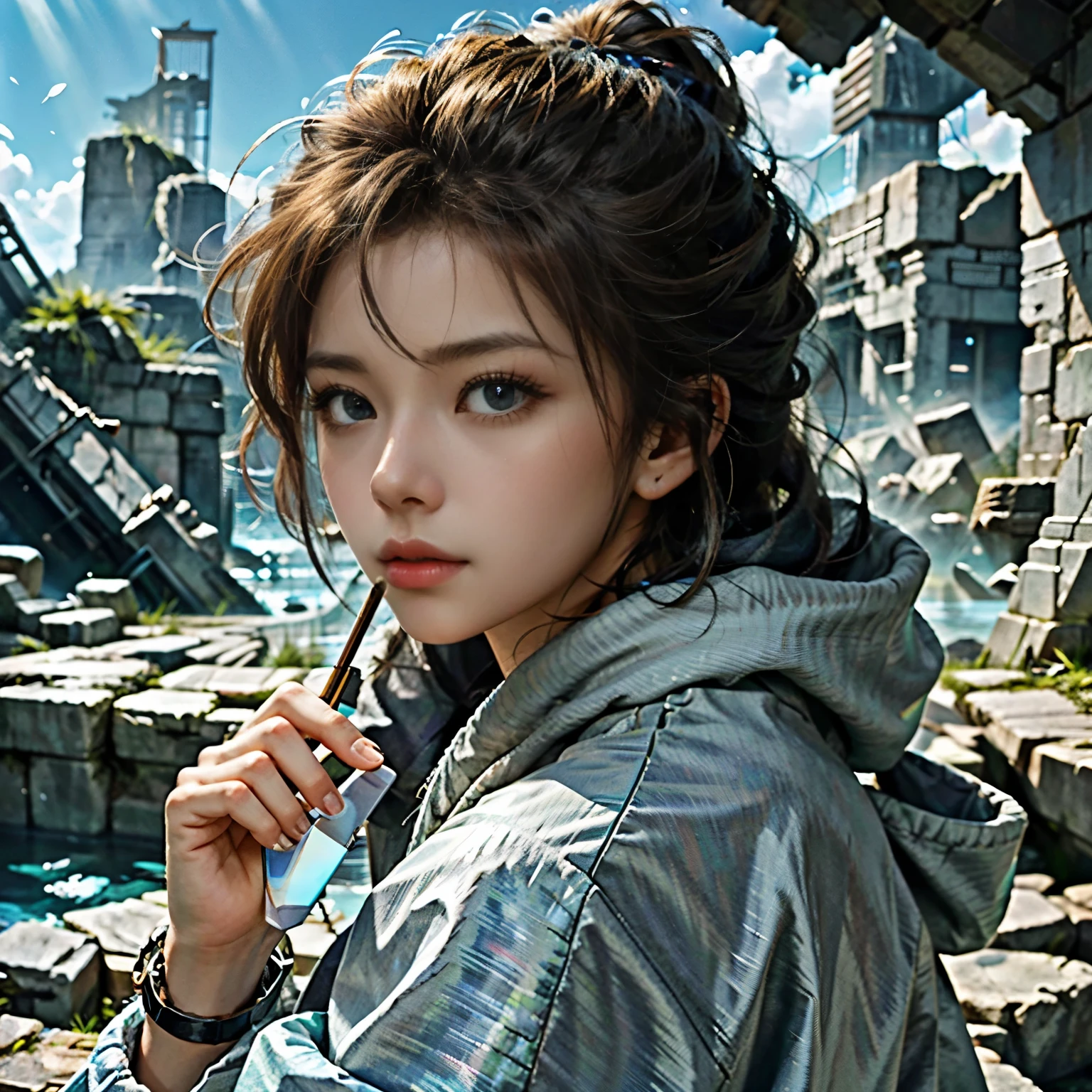 (High resolution、masterpiece:1.2)、Super detailed、(Photorealistic:1.37)、SF、Adventurer、Explore ancient ruins、Gorgeous detailed face and figure、Ideal proportions、Big Breasts、Beautiful long straight hair tied in a braided ponytail、blonde、(stylish、Holographic Coat:1.4)、Dynamic pose、Dynamic angle、treasure hunter、interstellar background、Advanced technology、Glowing Light、Extraterrestrial relics、Exciting action、Breathtaking landscapes、Amazingly detailed alien architecture、Ethereal colors、天bodyの雰囲気、Out-of-this-world scenery、laser weapon、Intense emotions、Adrenaline-pumping adventure、Thrilling suspense、Action-packed quests、Distant future、A young and beautiful woman、見事な特徴と完璧なbody型で、大胆かつ恐れを知らないtreasure hunterとして描かれ、In outer space(Ancient extraterrestrial ruins:1.6)Explore the depths of、This work、信じられないほどのHigh resolution（highest quality、4k、8k、High resolution、masterpiece：1.2）とSuper detailed（Photorealistic：1.37）Proud of its depiction of、The face of the hero、body、Captures every intricate detail of the surrounding environment、SFジャンルに重点を置いたThis work、Advanced technology、魅惑的なinterstellar background、Introducing the scenery of another world。キャラクターのDynamic poseと角度が、It adds energy and a sense of adventure to the scene.。彼女の長く美しいblondeの髪は細心の注意を払ってポニーテールに編み込まれており、Enhances aesthetic appeal、全body的な外観に優雅さを加えています、treasure hunterとして、She encounters various relics and ancient structures、それらは絶妙なディテールでEthereal colorsで描かれ、The celestial atmosphere captivates the audience.、In this work、The protagonist engages in a thrilling quest、It also features intense emotions and adrenaline-pumping action as you face dangerous challenges.、laser weaponと未来的な要素がSFの雰囲気を醸し出し、視聴者に視覚的に驚異的で没入感のあるbody験を提供します、mynatalee woman、cr1r3、underwater,